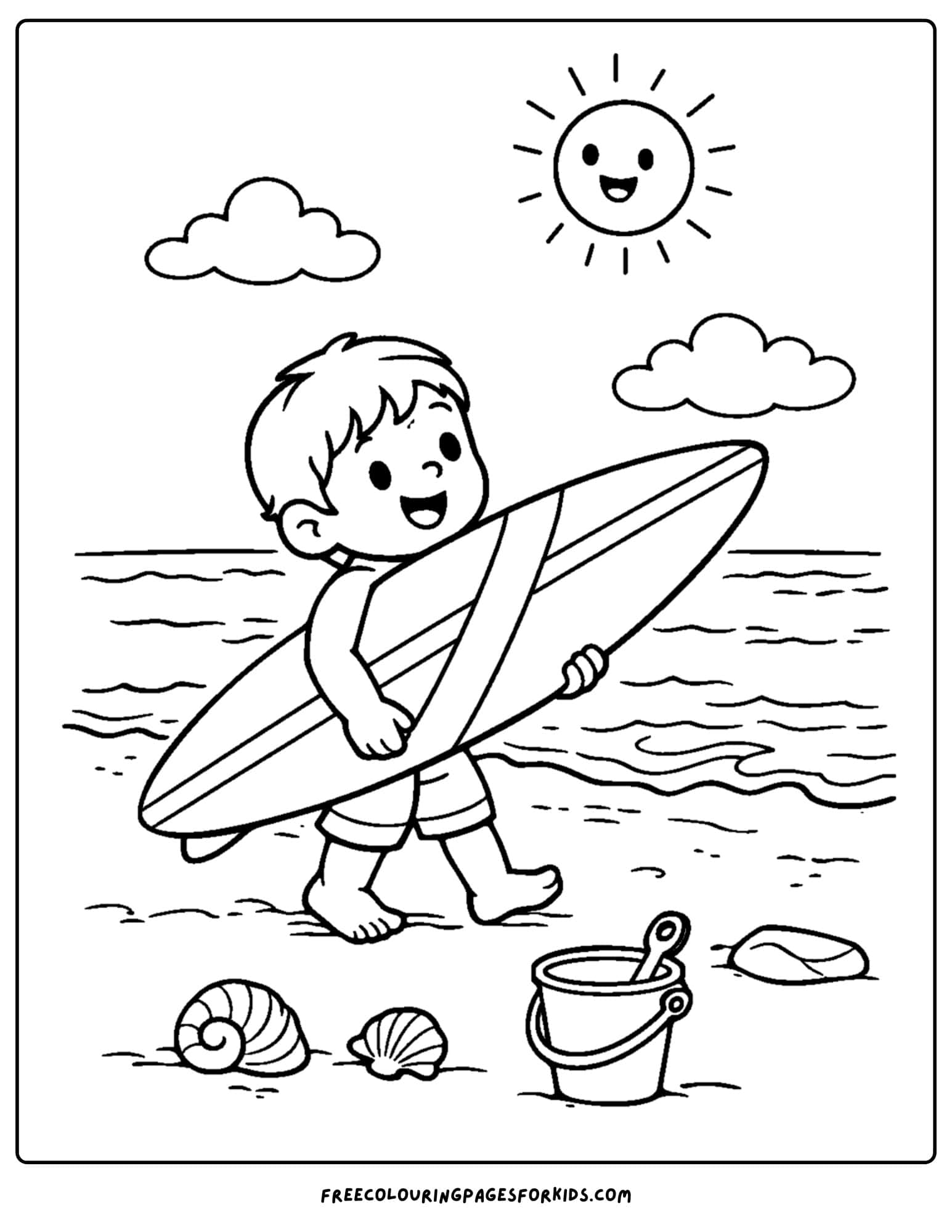 a coloring page for boys featuring a boy carrying a surfboard on the beach