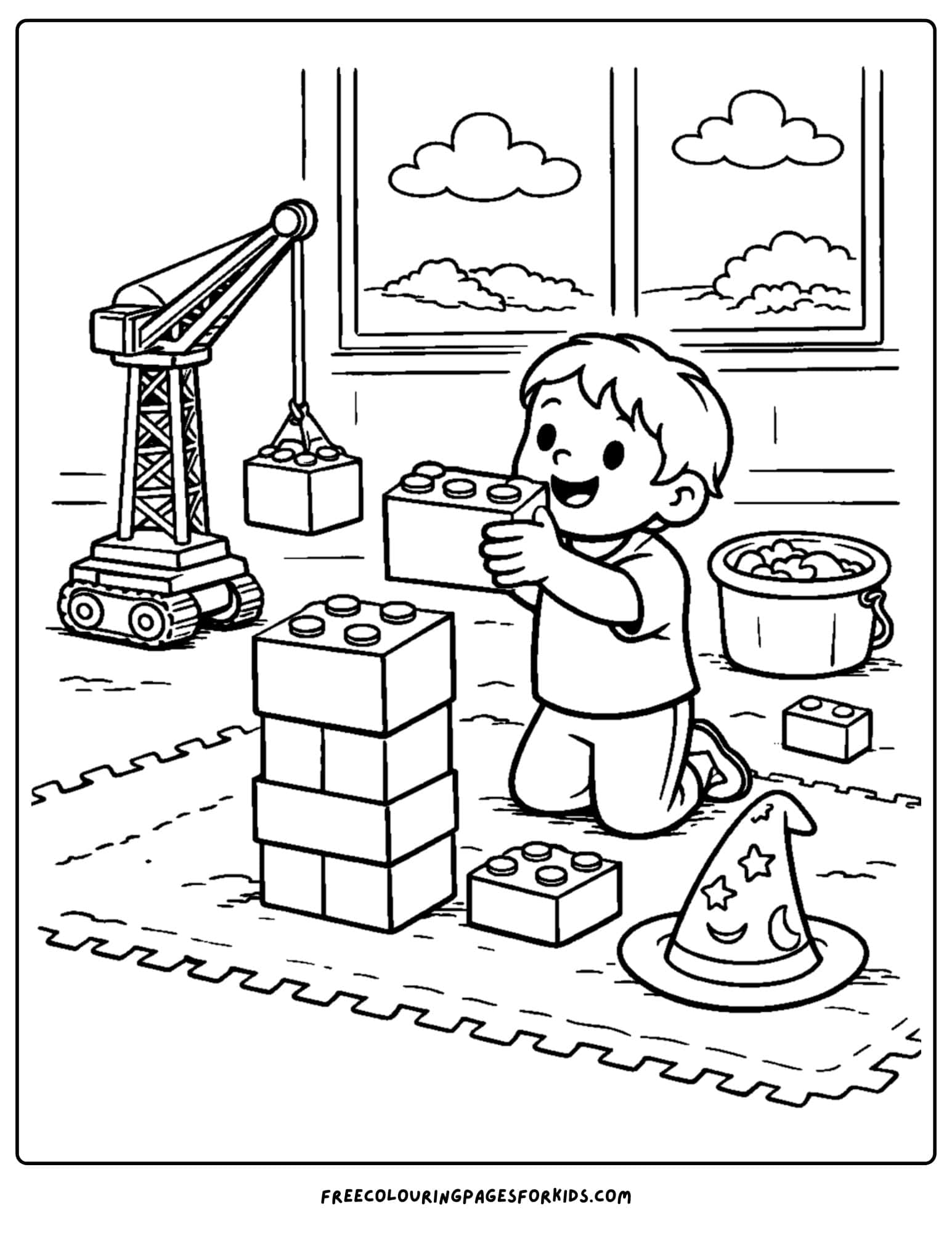 a coloring page for boys featuring a toy block construction zone