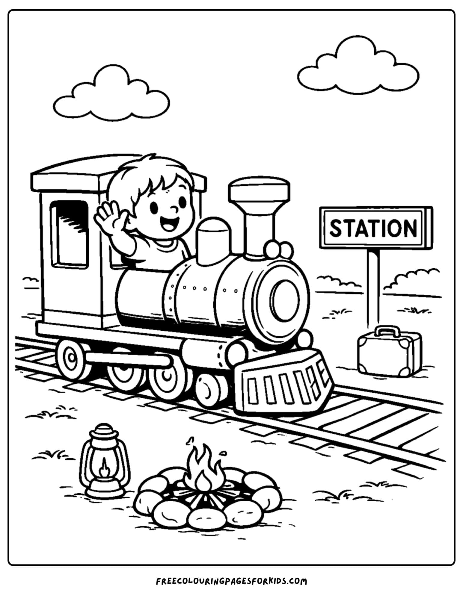 a coloring page for boys featuring a train on a track with a boy waving from the drivers spot