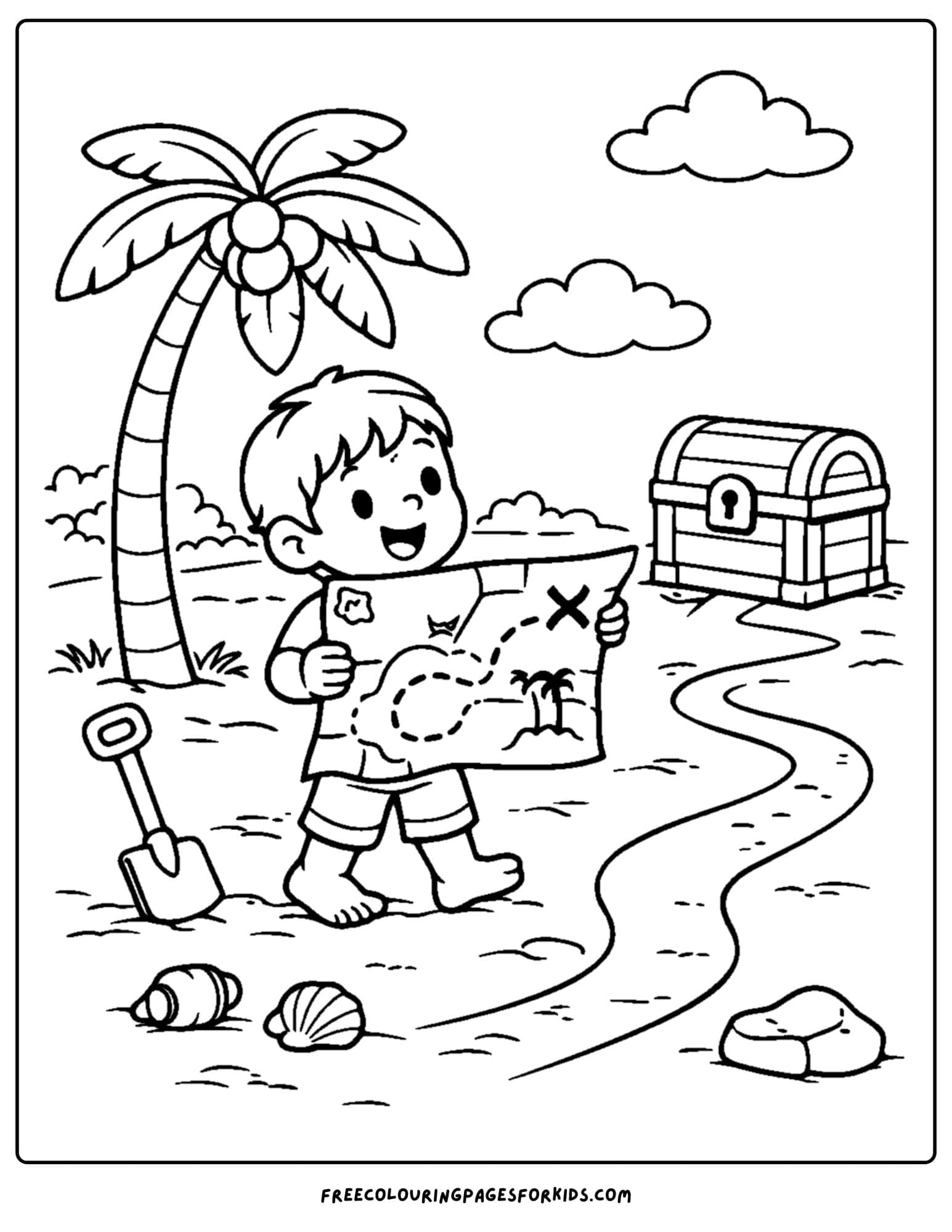 a coloring page for boys featuring a bot on an island with a treasure map
