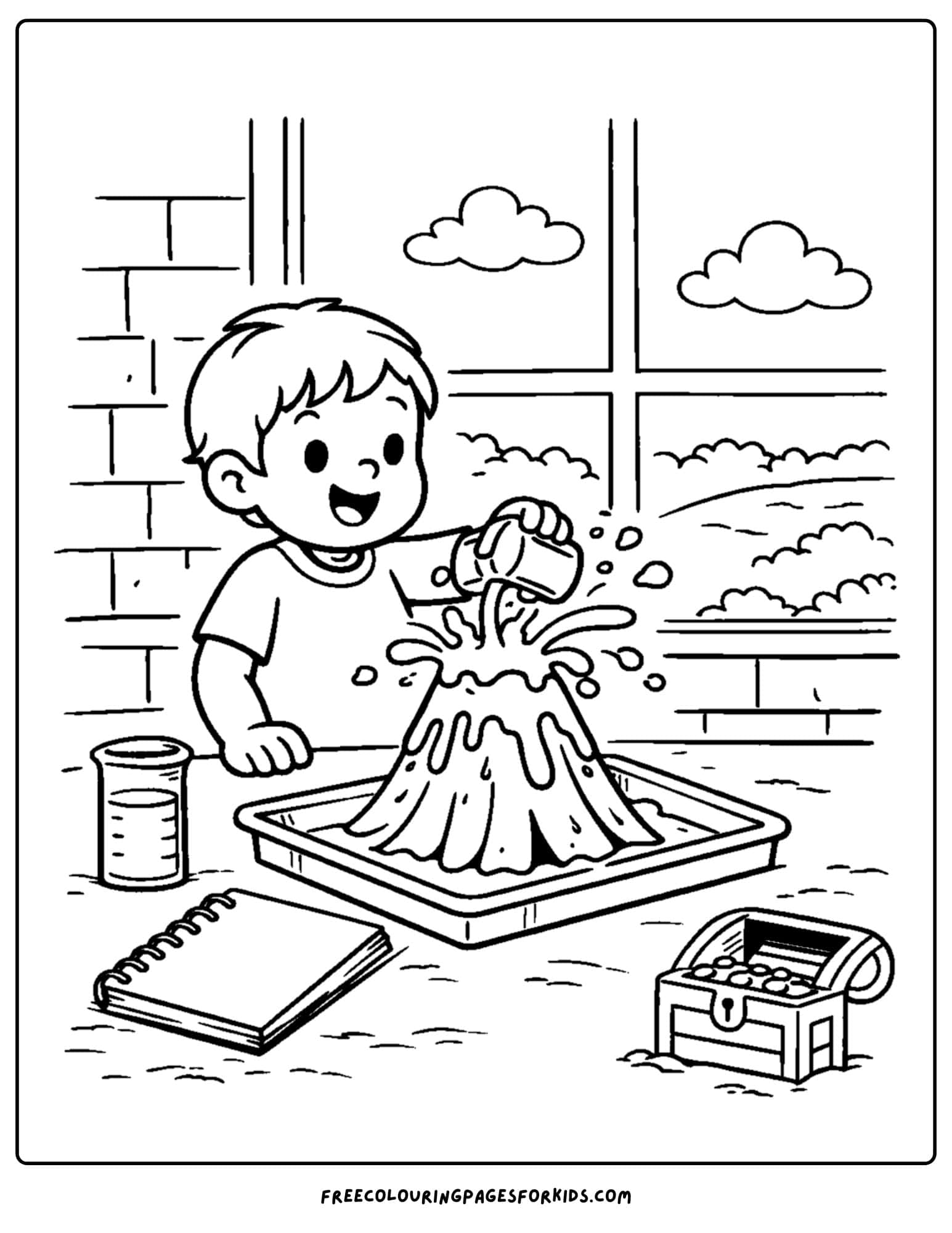 a coloring page for boys featuring a boy making a volcano science experiment