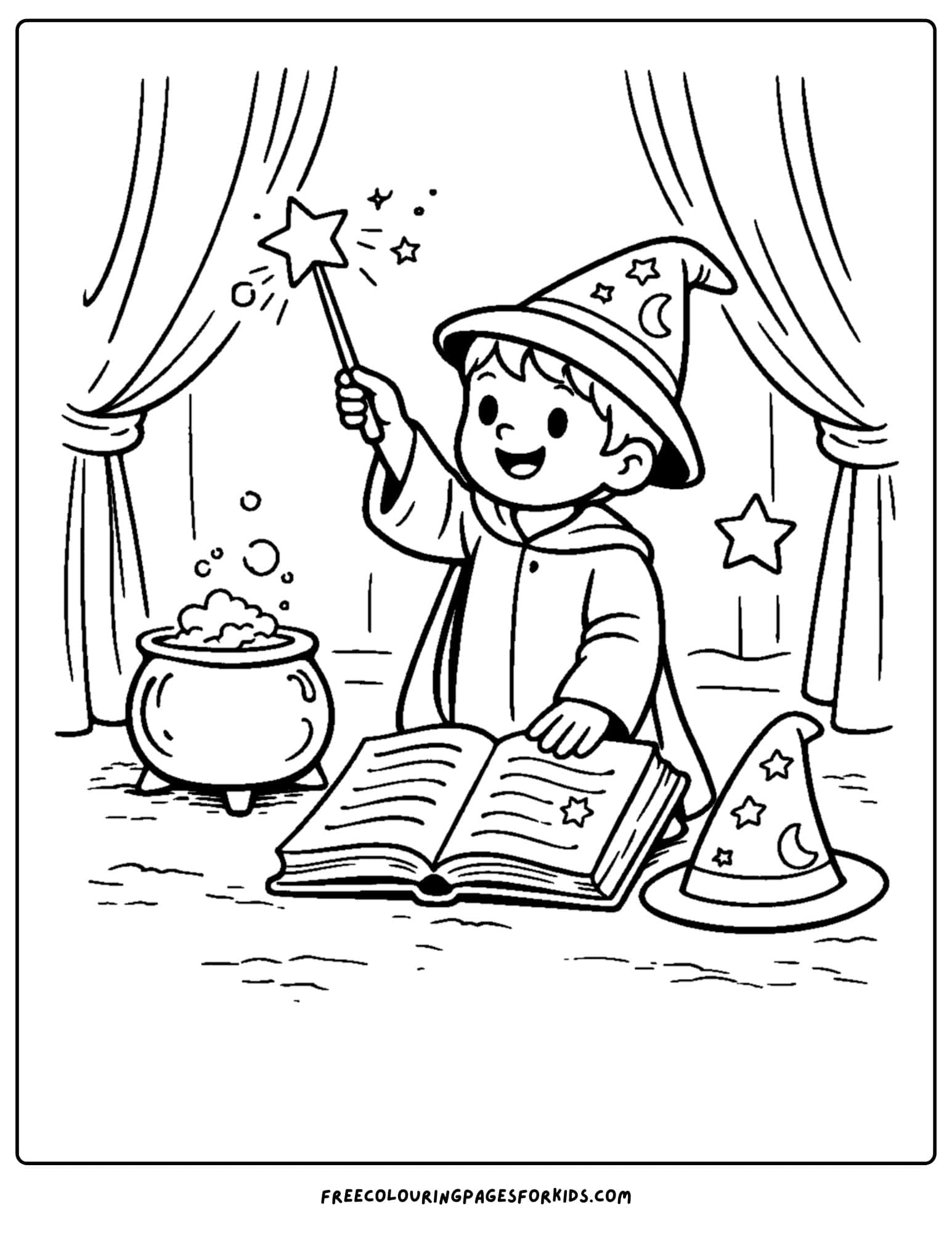 a coloring page for boys featuring a wizard casting a spell