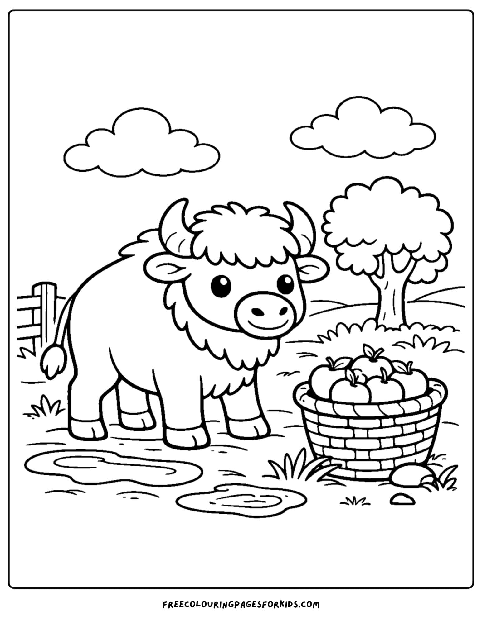 a coloring page of a buffalo standing beside a basket of apples