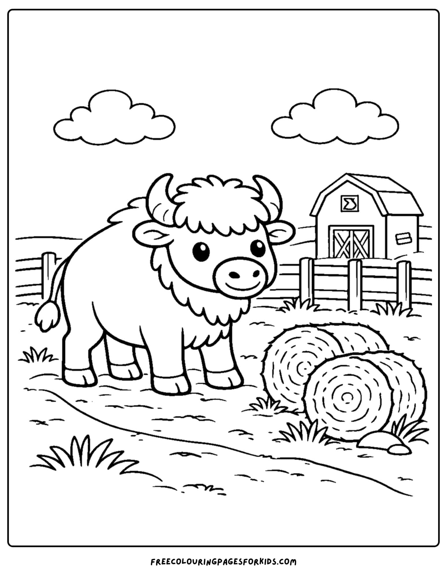 a coloring page of a buffalo beside hay bales