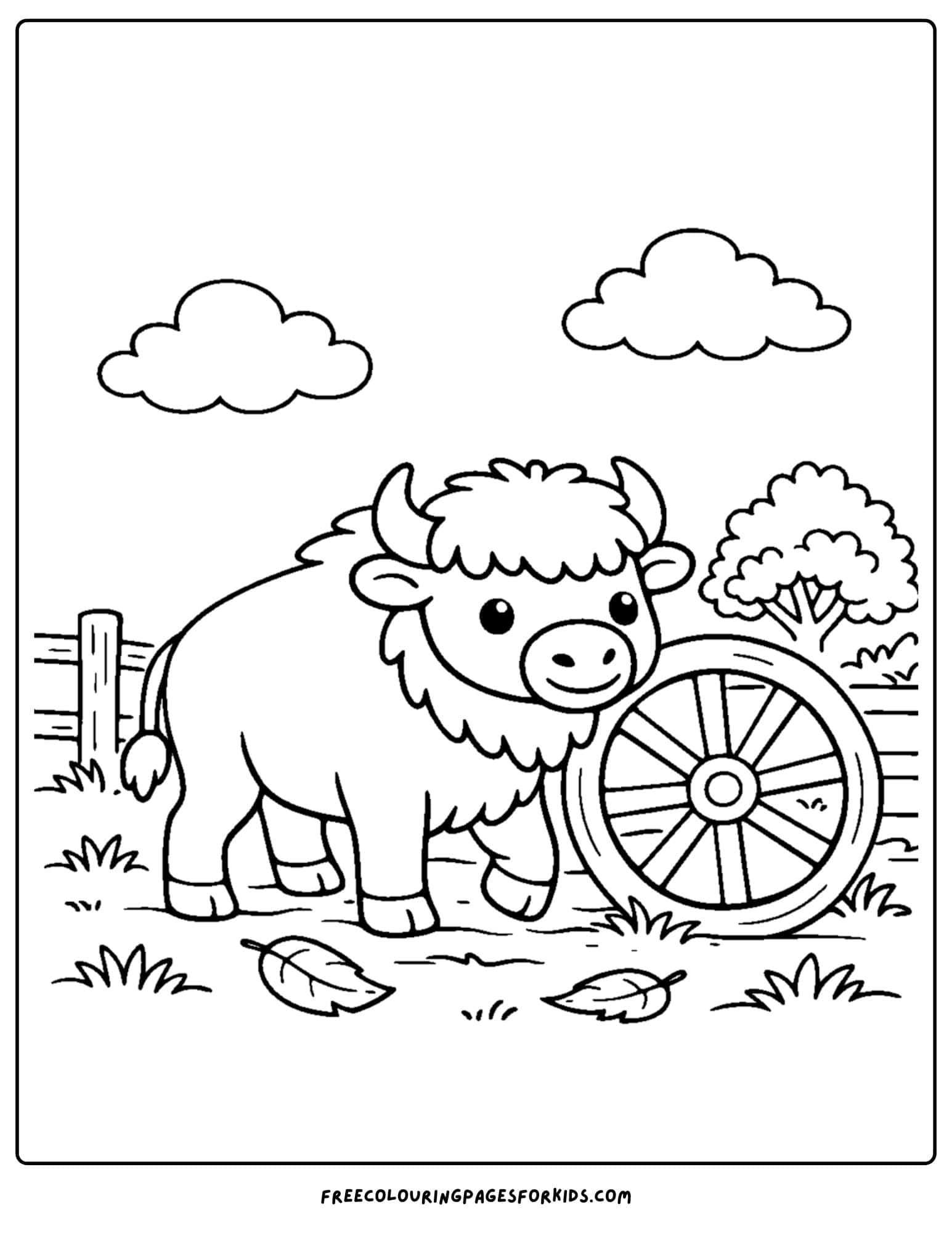 a coloring page of a buffalo next to an old wagon wheel