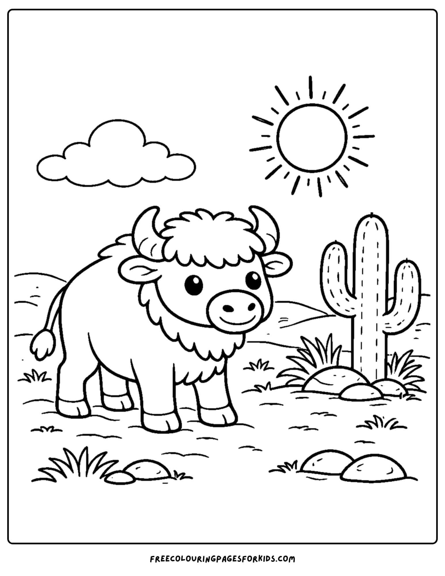 a coloring page of a buffalo standing under the sun next to a cactus