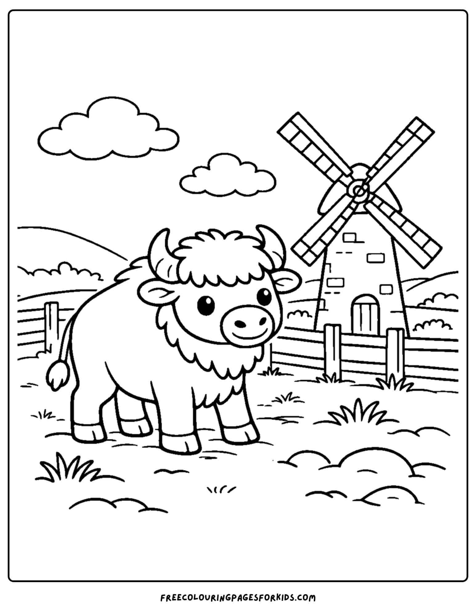 a coloring page of a buffalo in a field in front of a windmill