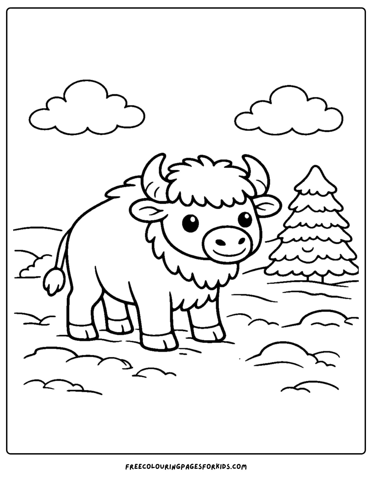 a coloring page of a buffalo standing in a snowy field