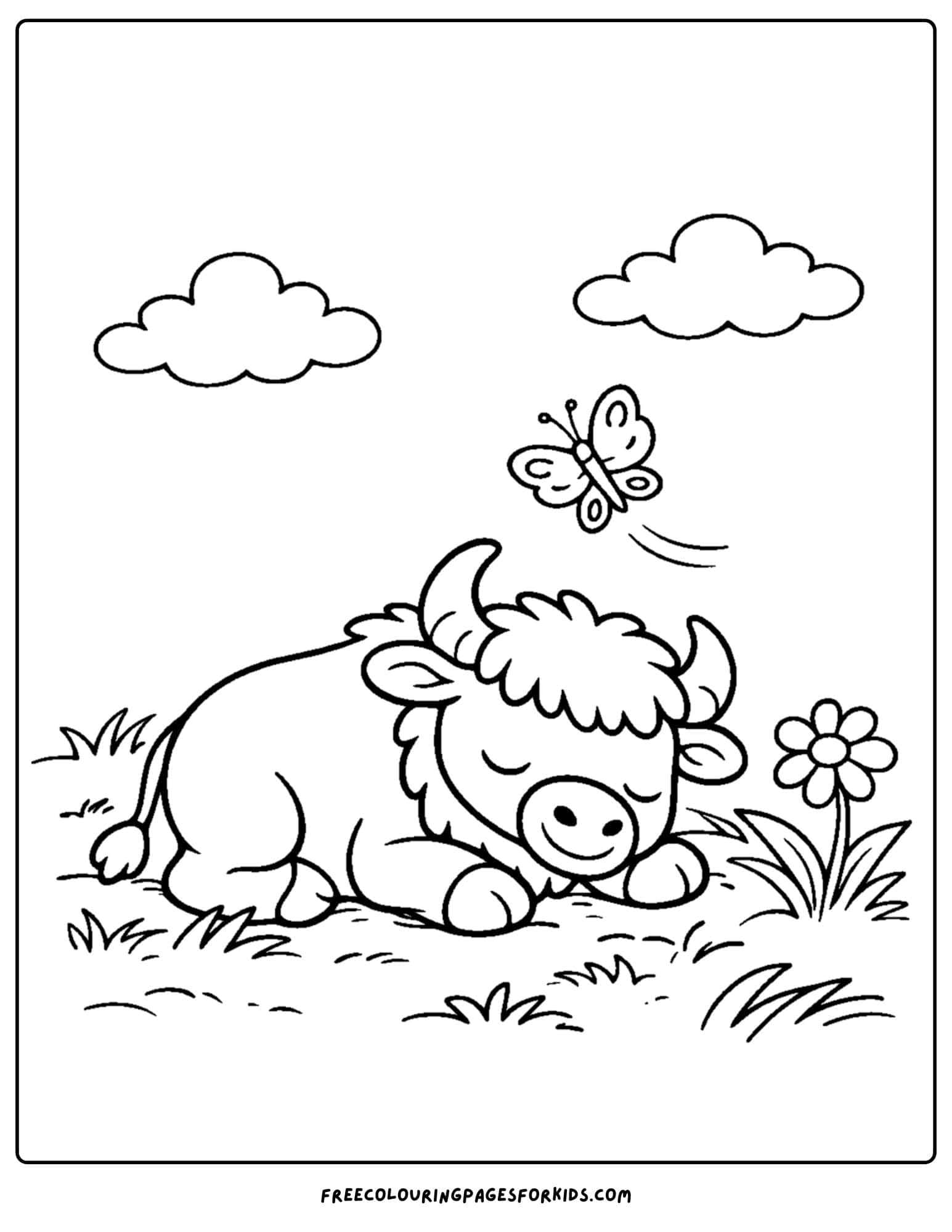 a coloring page of a buffalo calf resting quietly in a field
