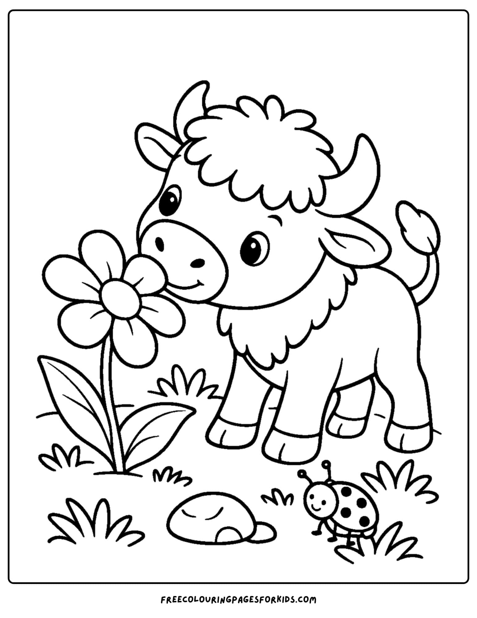 a coloring page of a buffalo calf sniffing a flower
