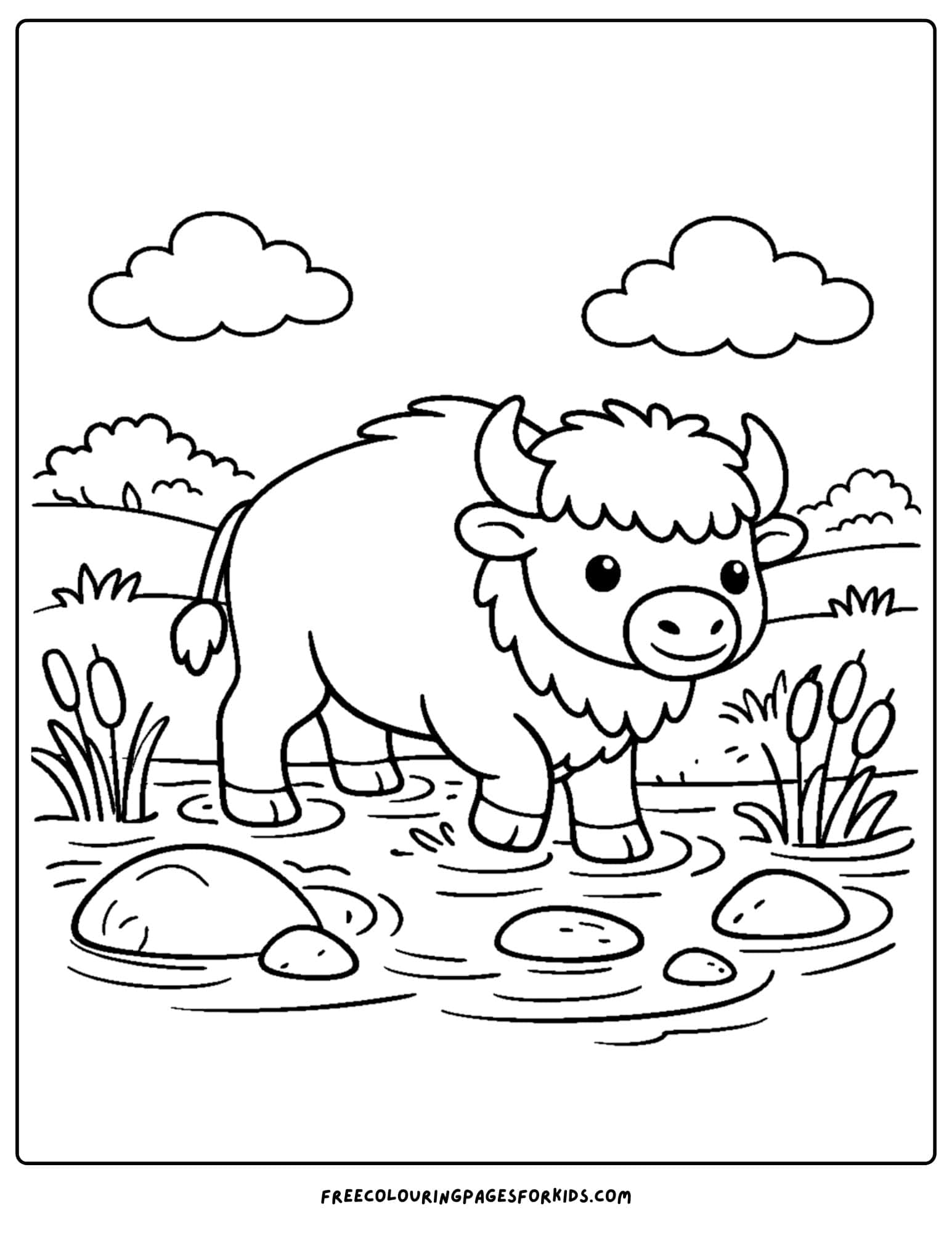 a coloring page of a buffalo crossing a shallow stream of water
