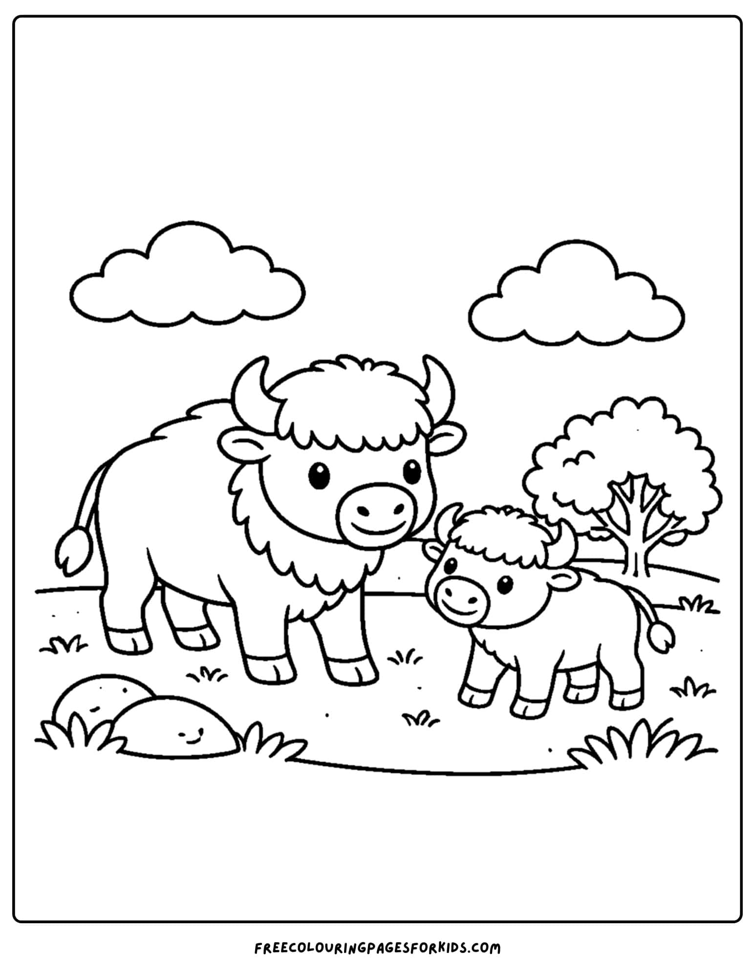 a coloring page of a buffalo and a baby standing next to each other