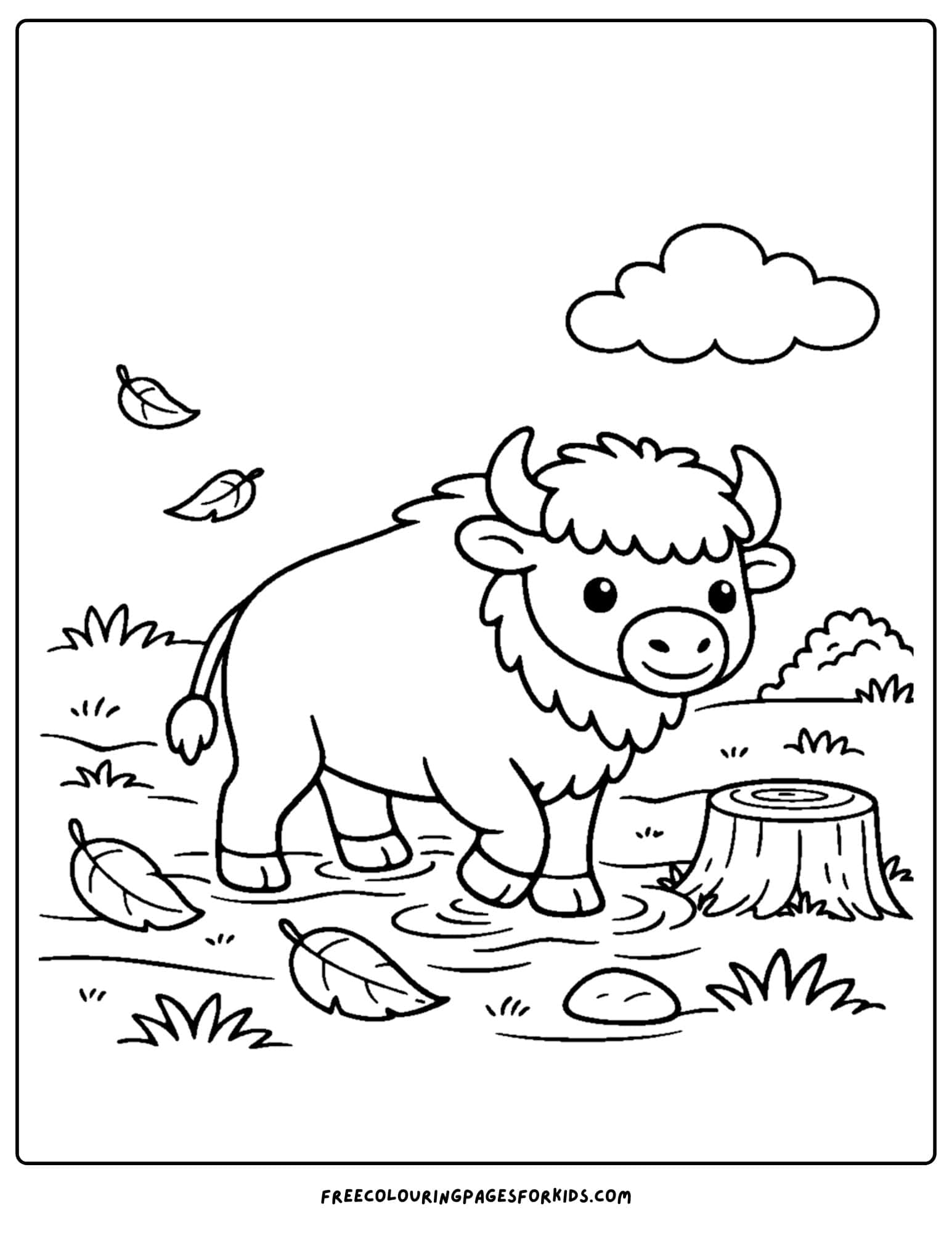 a coloring page of a buffalo standing with leaves on the ground