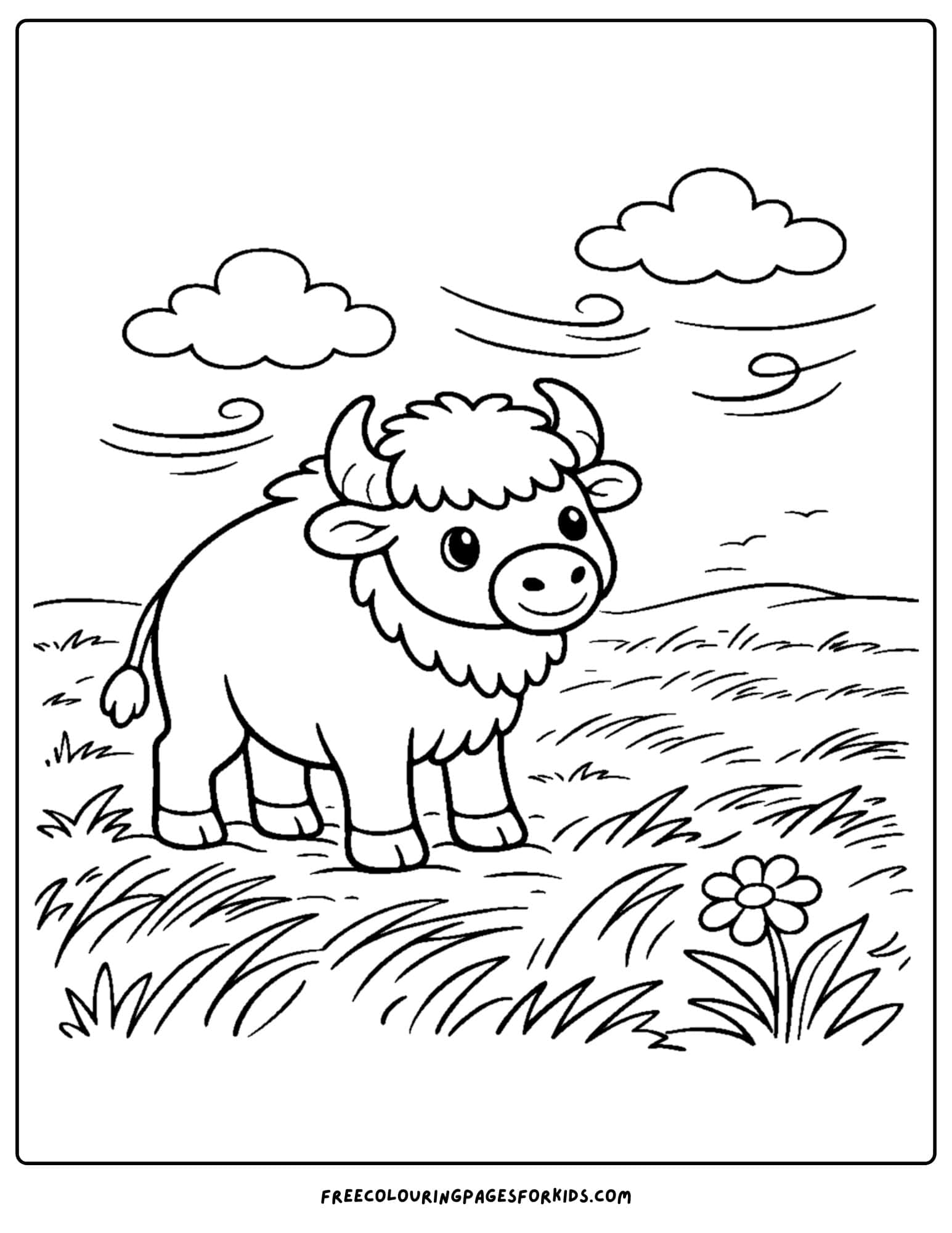 a coloring page of a buffalo standing on a prairie with the breeze blowing