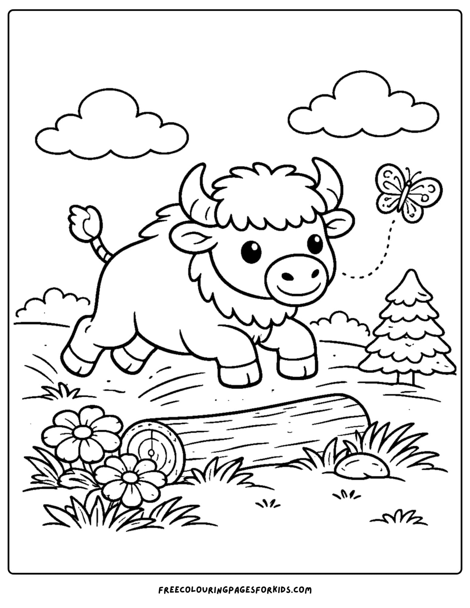 a coloring page of a buffalo jumping over a log