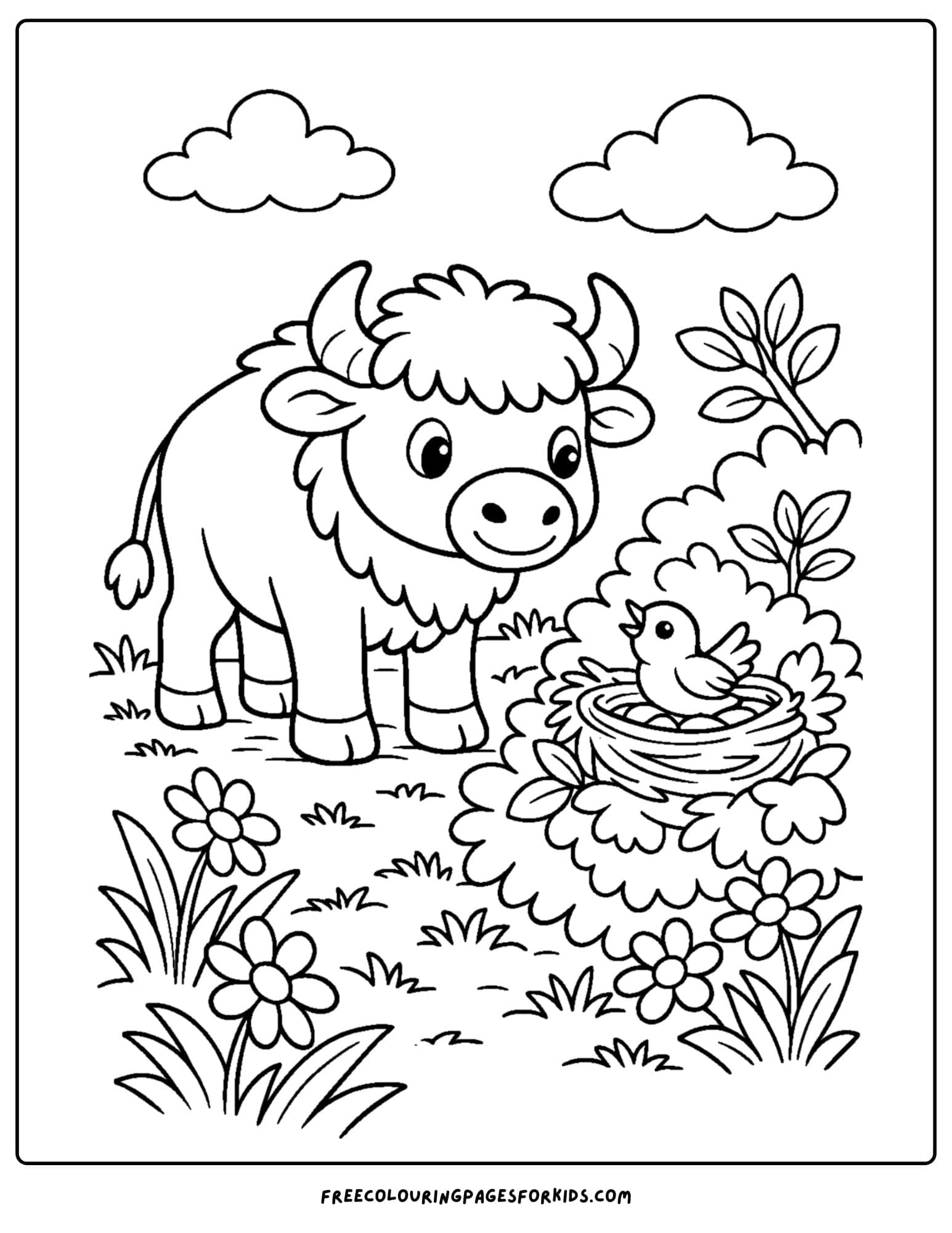 a coloring page of a buffalo looking at a bird in a nest