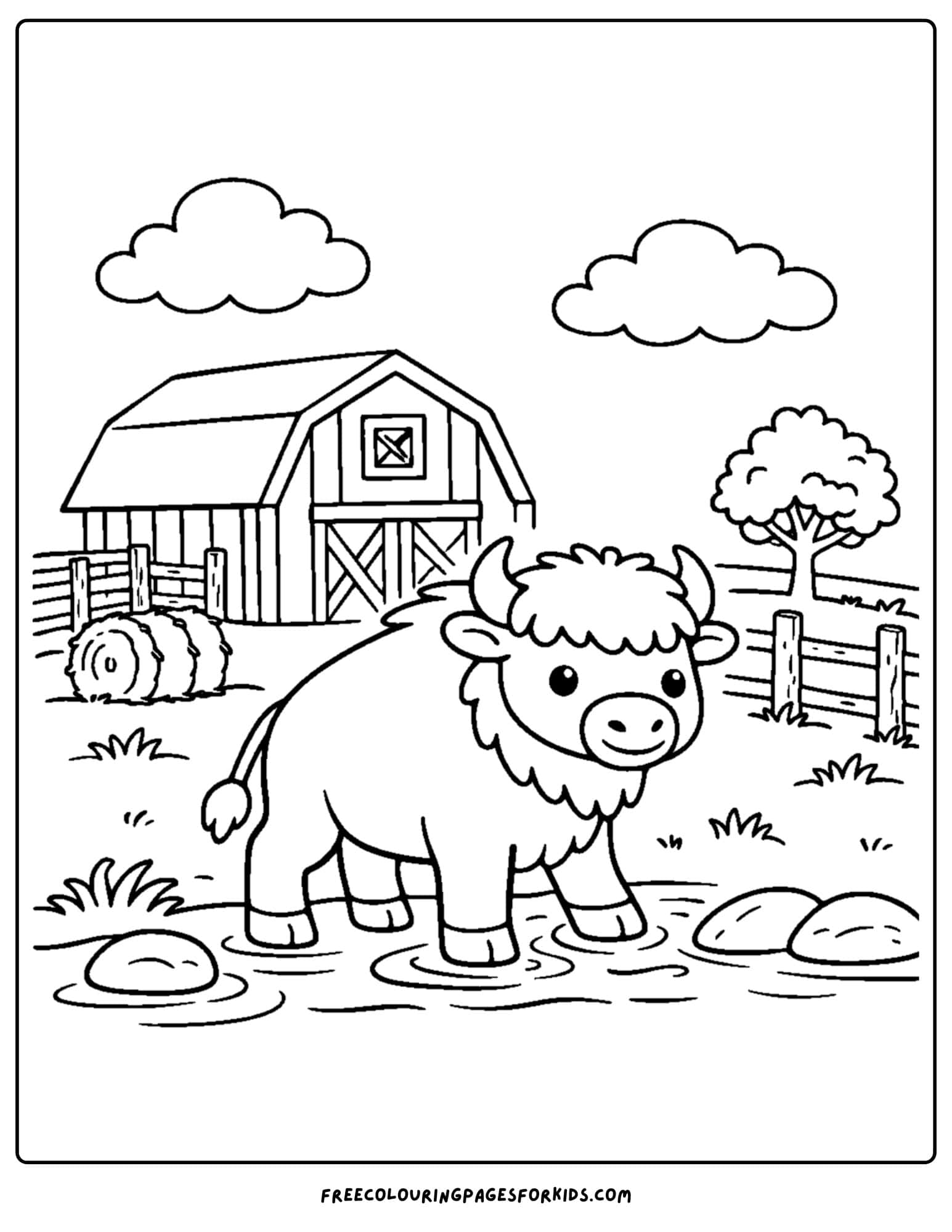 a coloring page of a buffalo standing in a field in front of a farm barn