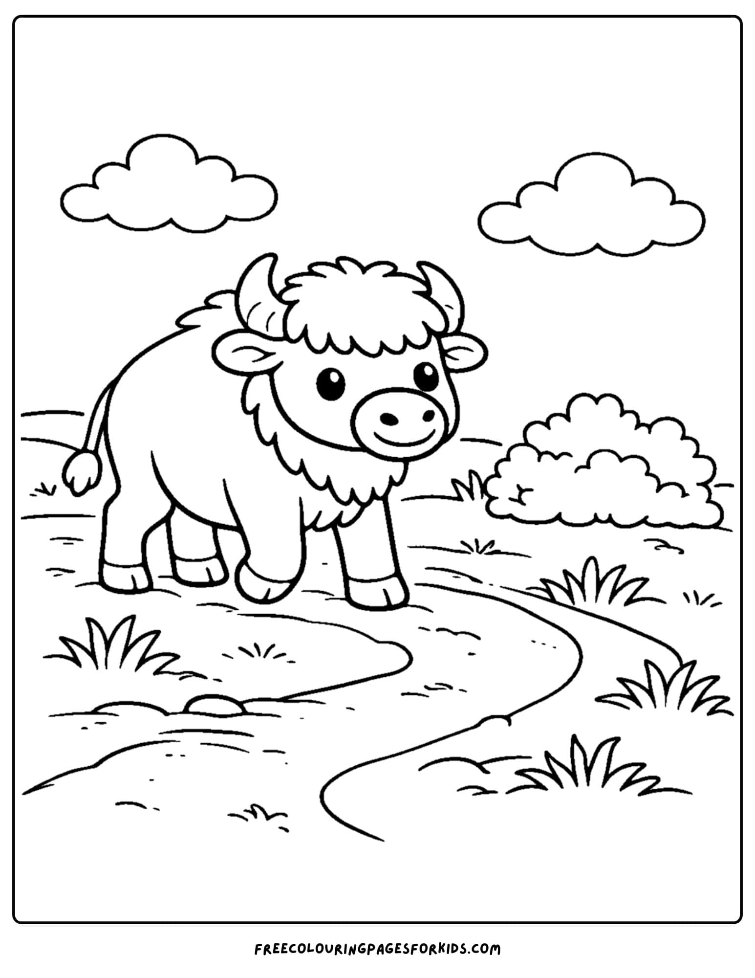 a coloring page of a buffalo walking along a curved path