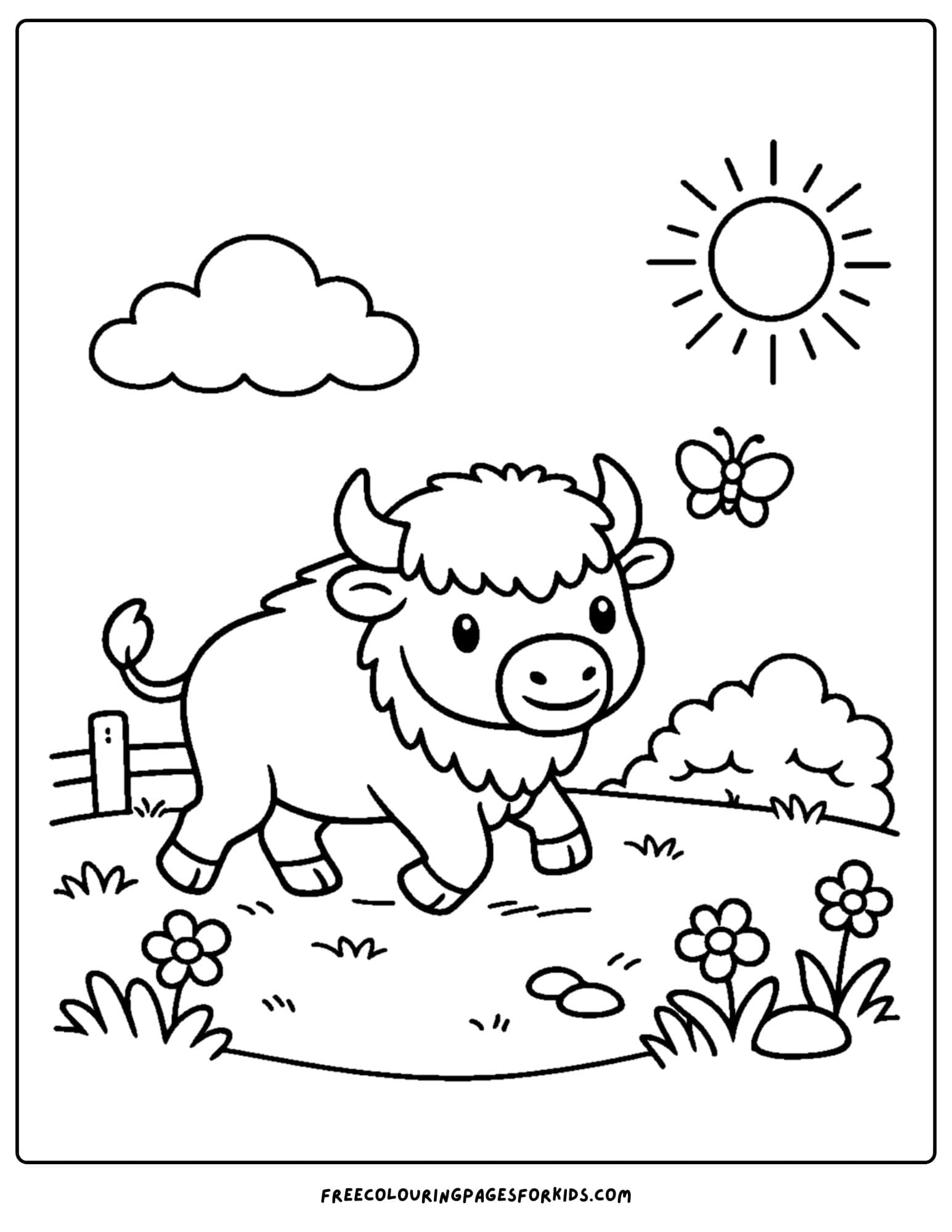 a coloring page of a buffalo calf running around