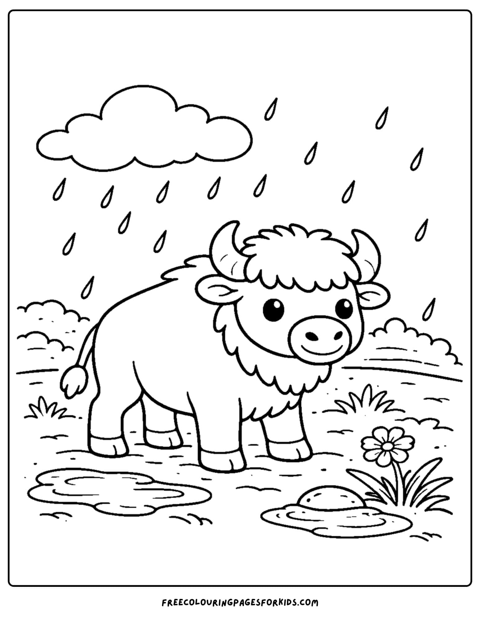 a coloring page of a buffalo standing in the rain with puddles around