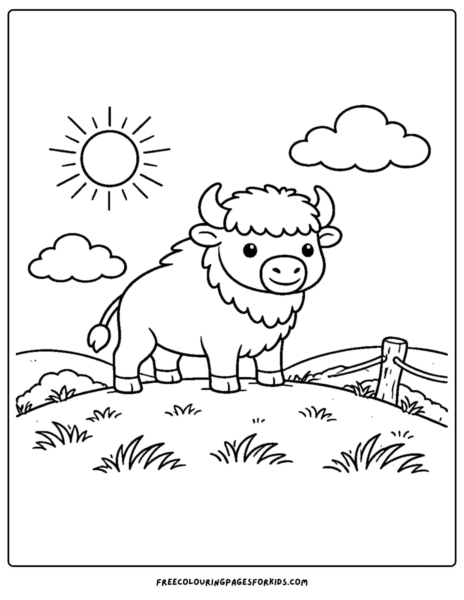 a coloring page of a buffalo standing on a hill