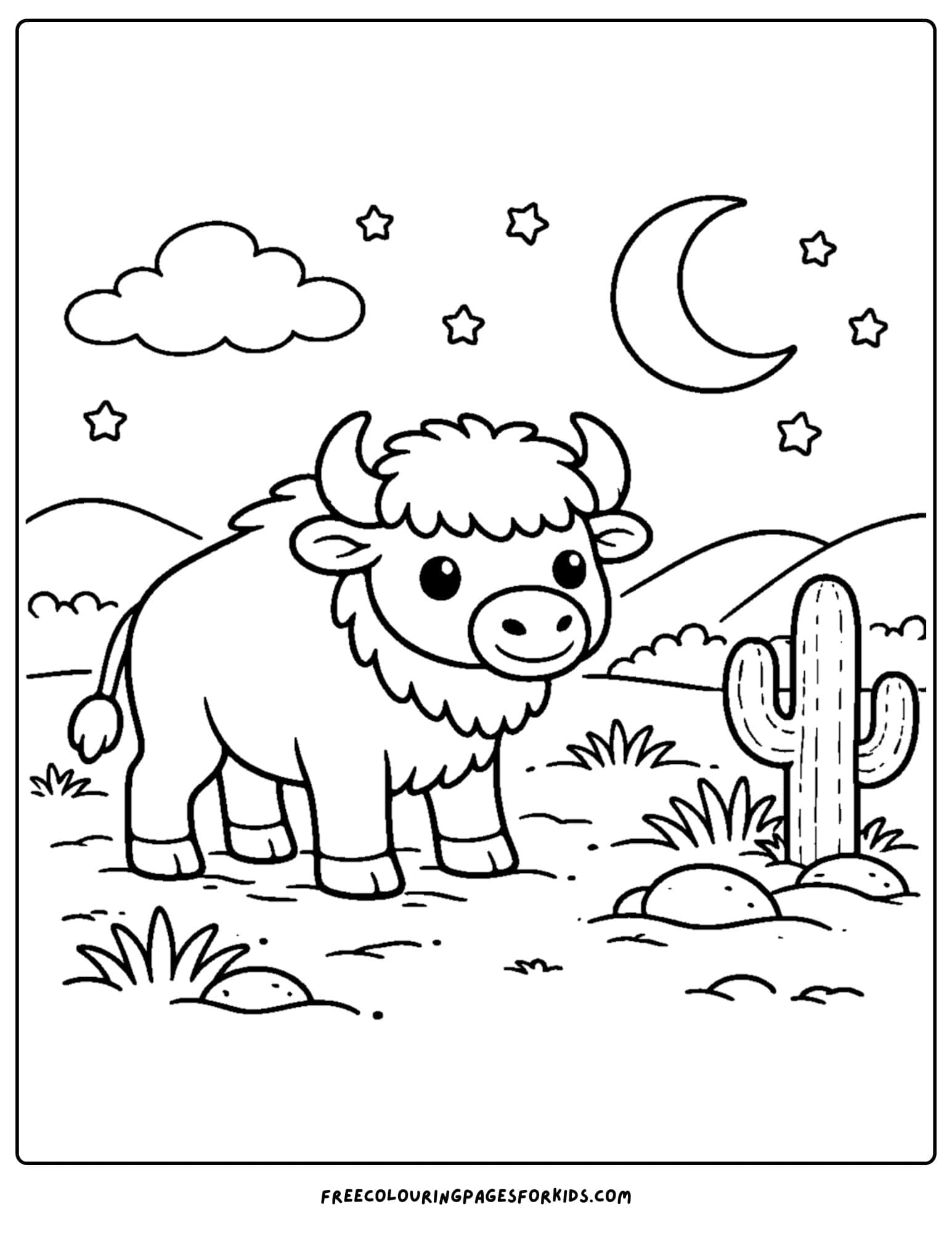 a coloring page of a buffalo standing under a big moon with a cactus nearby