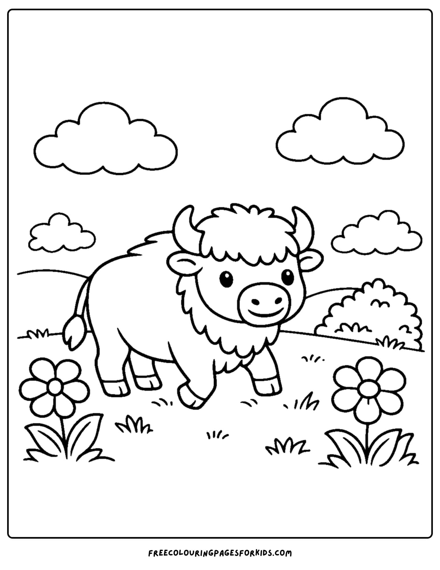 a coloring page of a buffalo walking through a meadow