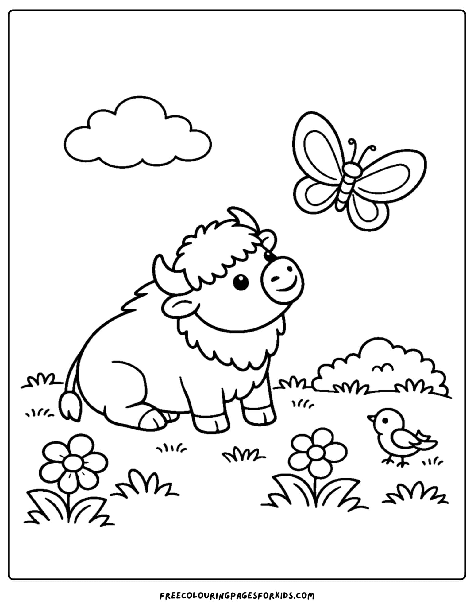 a coloring page of a buffalo sitting and watching a butterfly in the sky