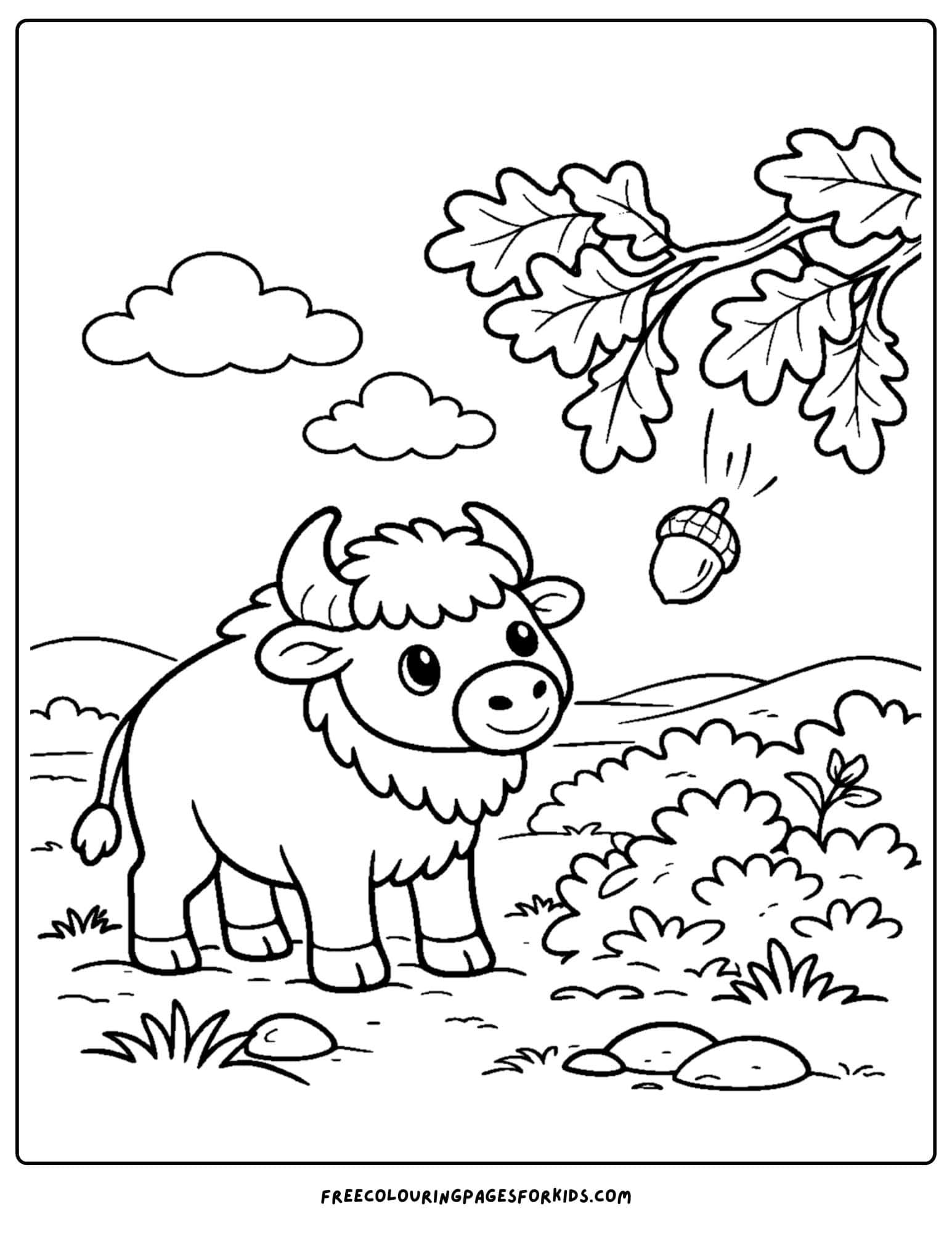 a coloring page of a buffalo watching an acorn fall from a tree branch