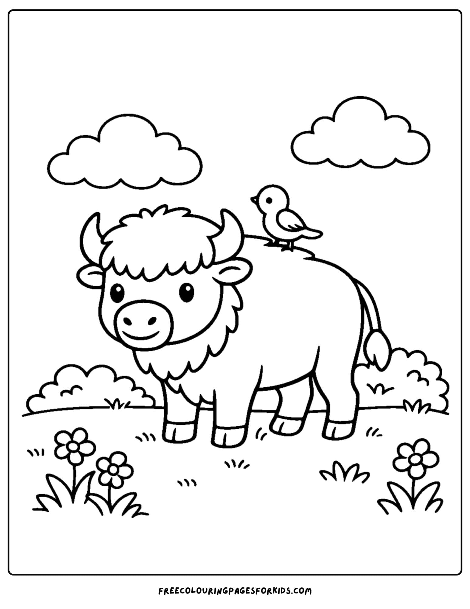 a coloring page of a buffalo with a bird sitting on its back