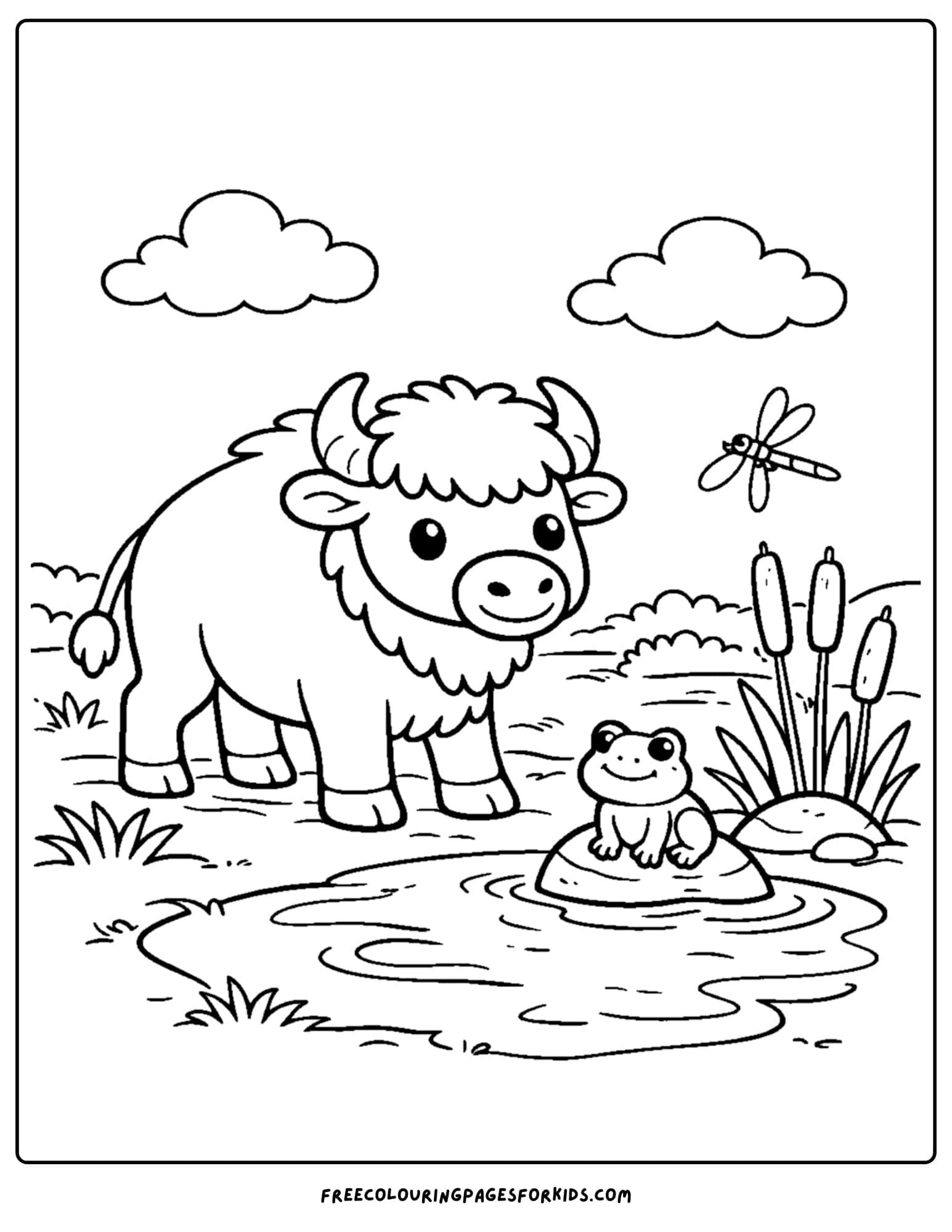 a coloring page of a buffalo and a frog sitting on a rock next to a pond