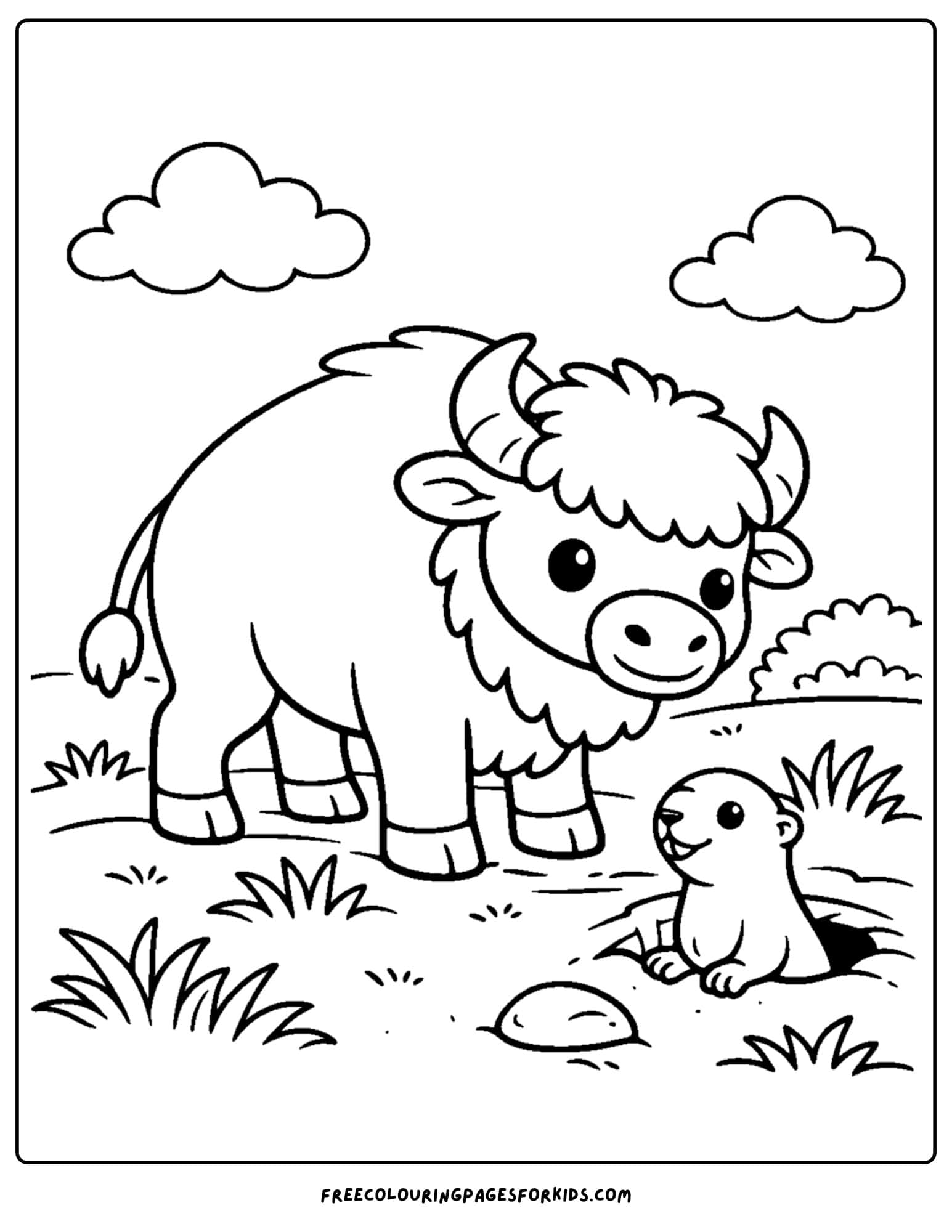 a coloring page of a buffalo and a prairie dog in a meadow