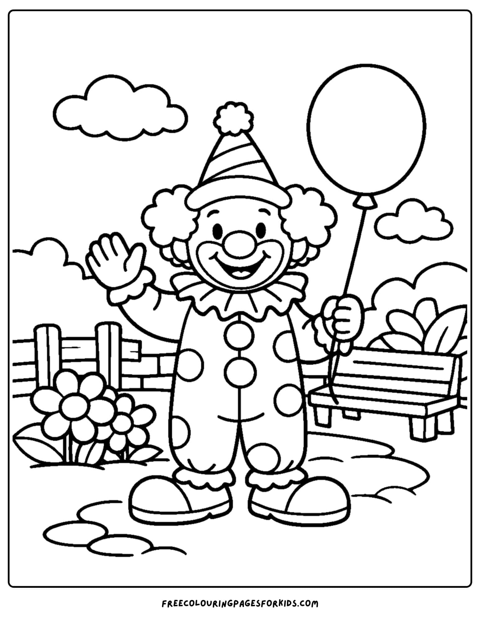 a coloring page of a clown waving while holding a big balloon