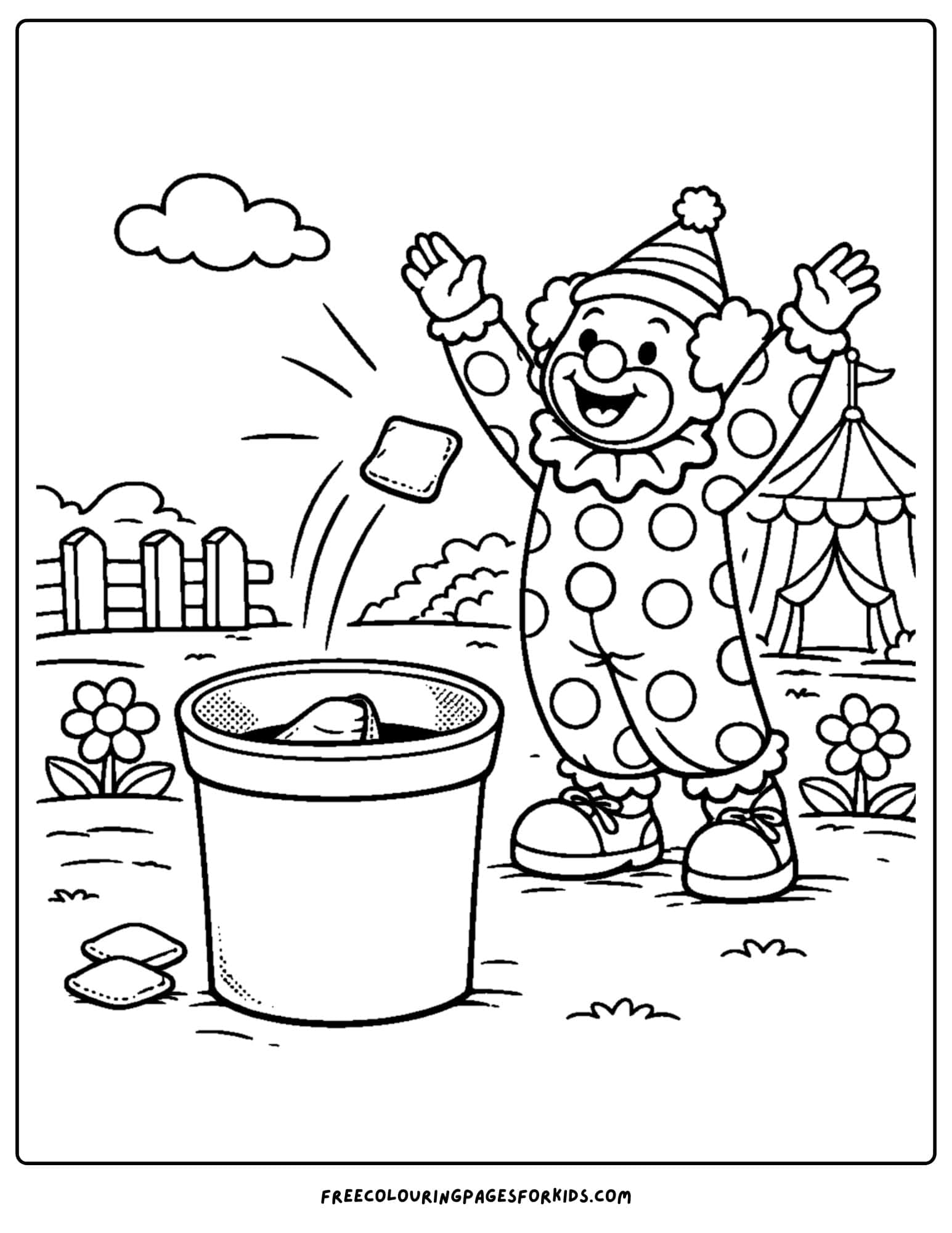 a coloring page of a clown tossing bean bags into a bucket