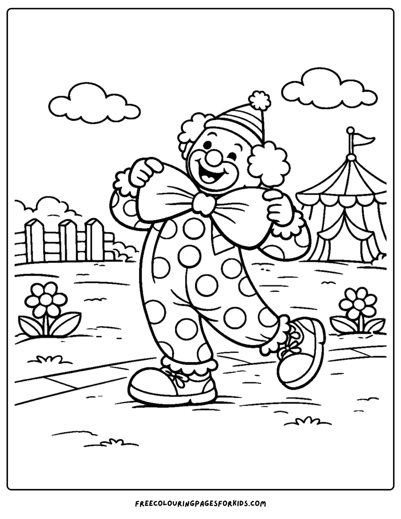 a coloring page of a clown adjusting a big bow tie