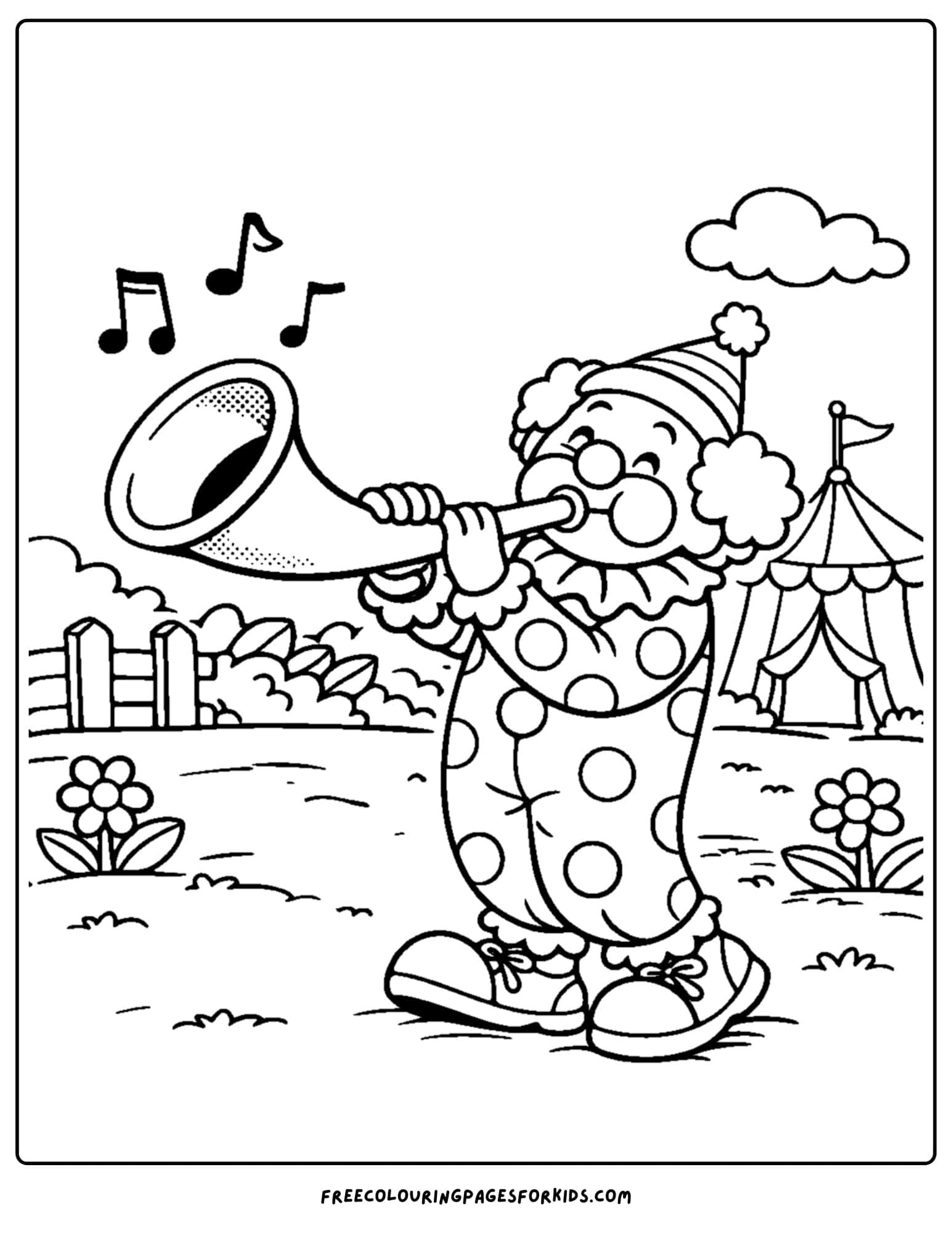 a coloring page of a clown blowing a big horn to make noise