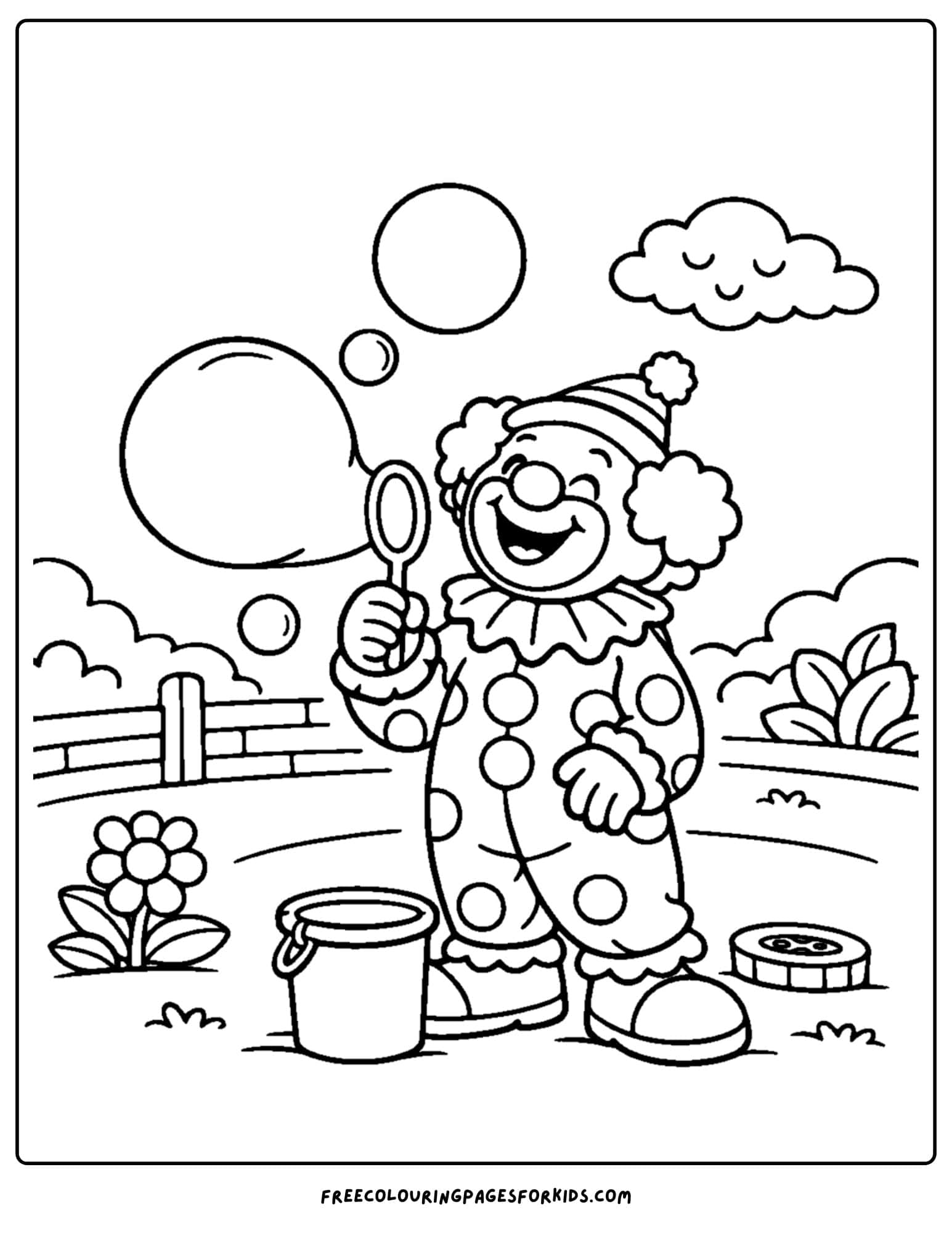a coloring page of a clown blowing big bubbles