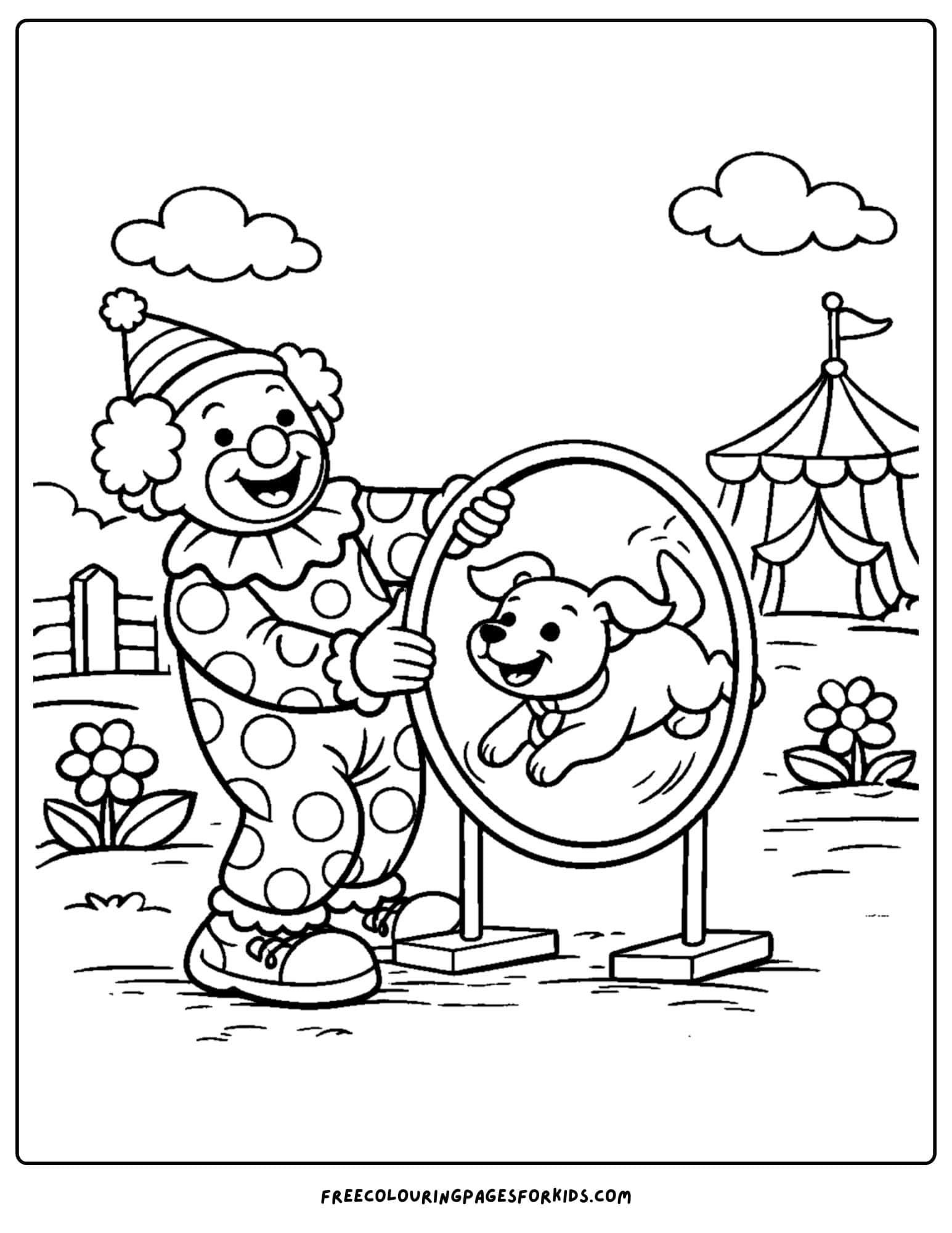 a coloring page of a clown getting a dog to jump through a hoop