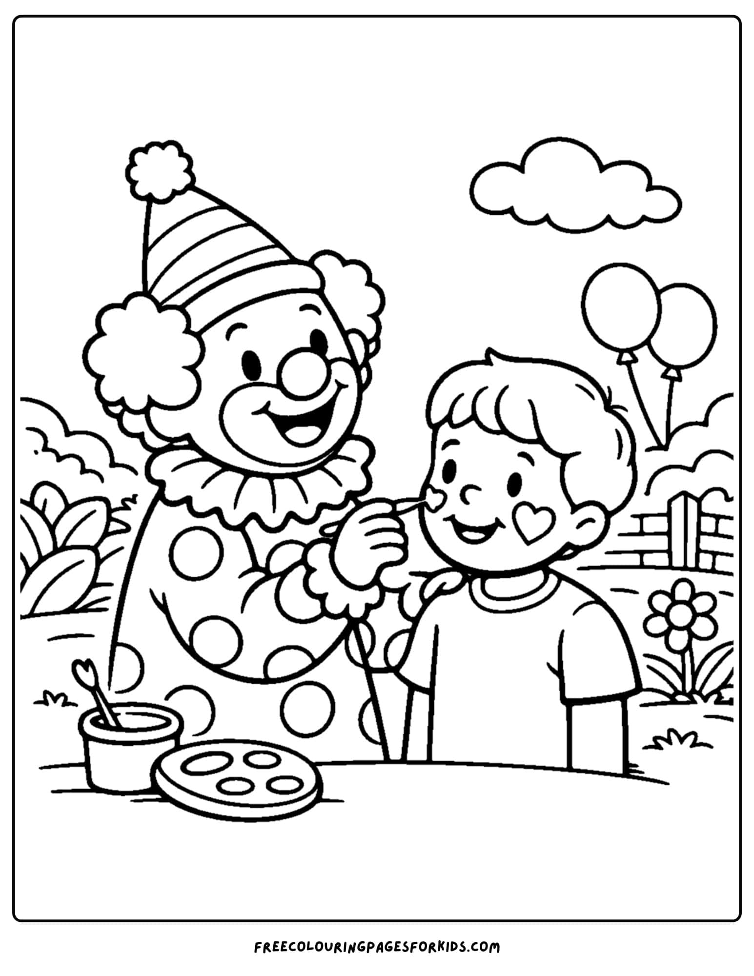 a coloring page of a clown doing some face paining on a child