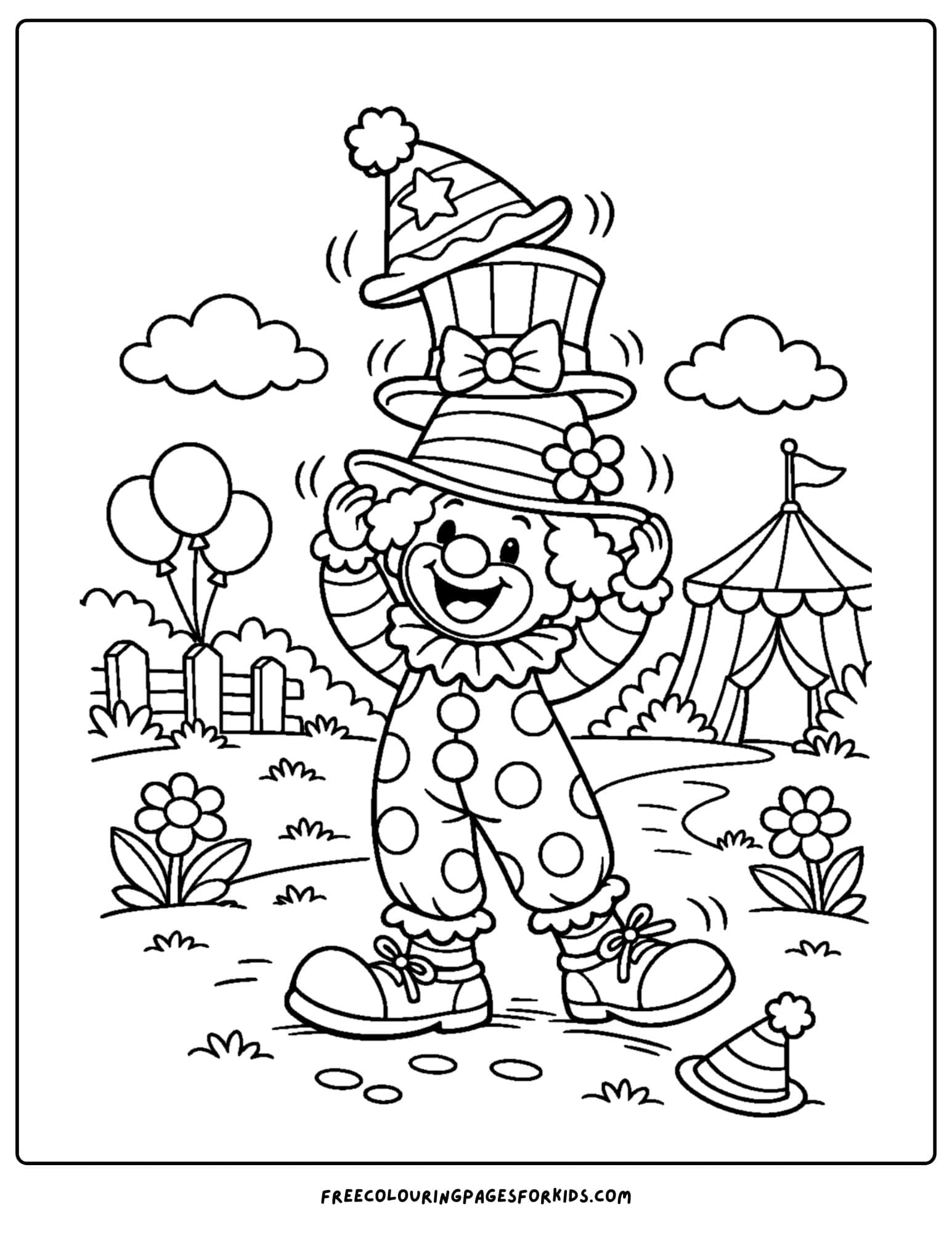 a coloring page of a clown wearing a stack of hats on and balancing them