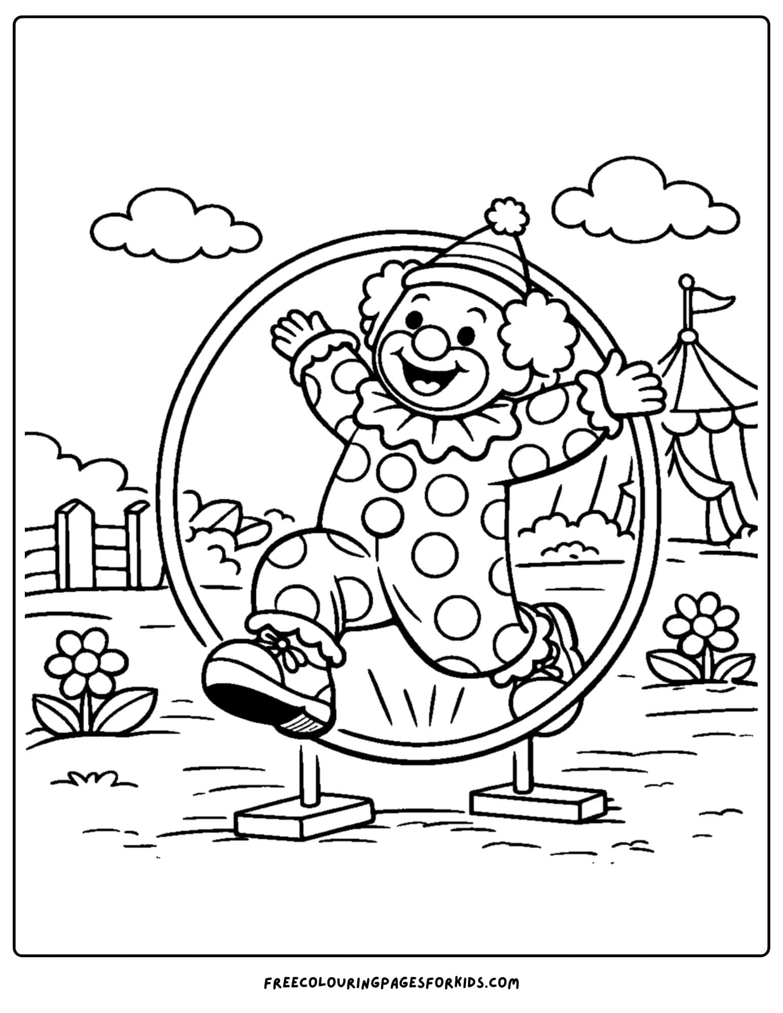 a coloring page of a clown jumping through a hoop smiling