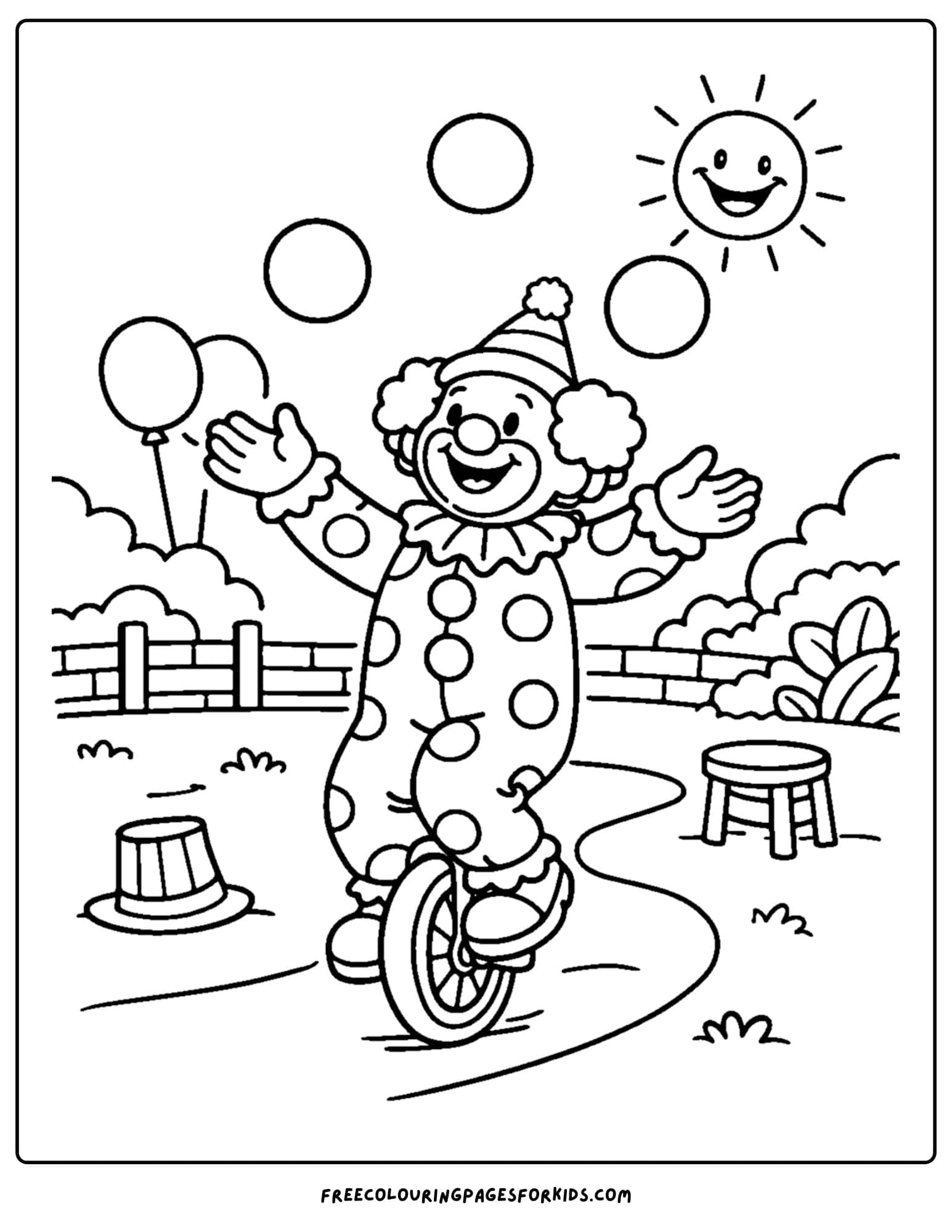 a coloring page of a clown juggling three balls while riding a unicycle