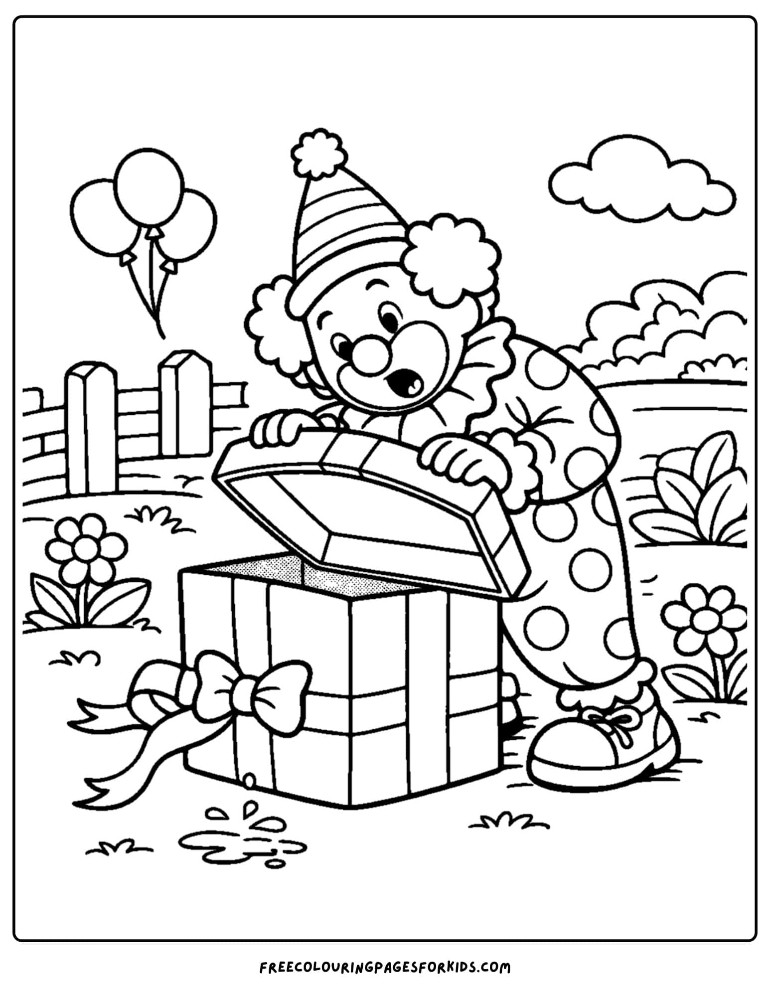 a coloring page of a clown opening a gift box