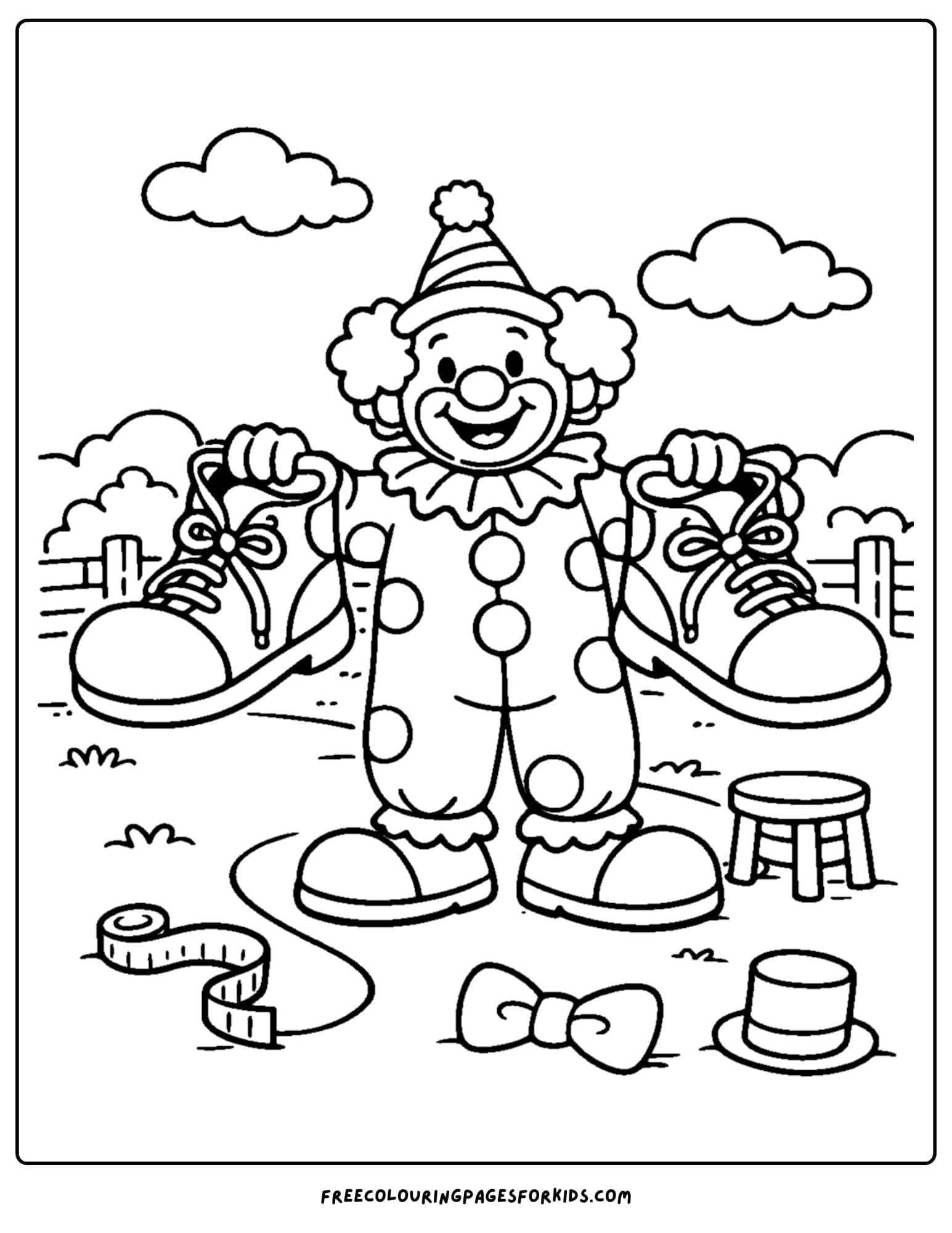 a coloring page of a clown holding oversized shoes