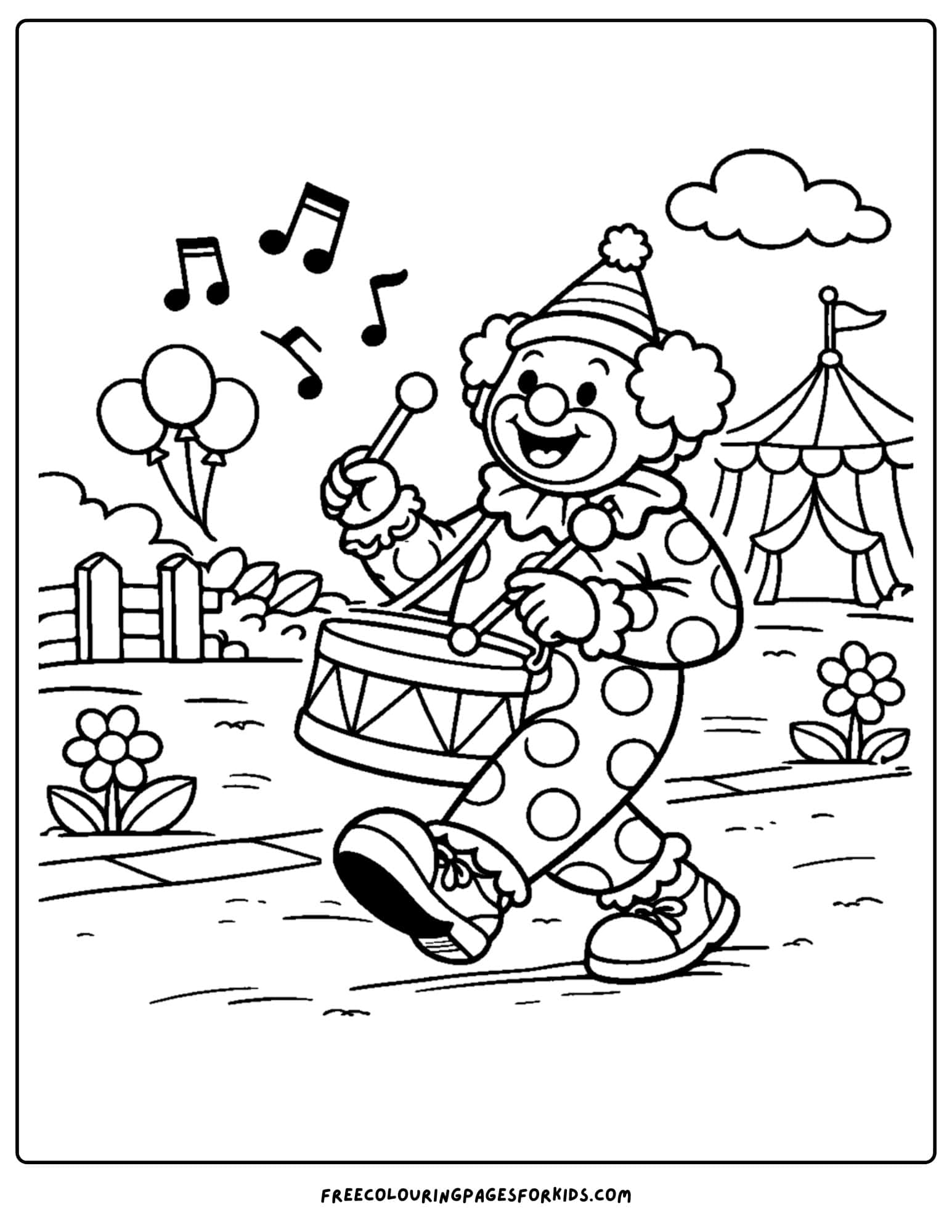 a coloring page of a clown walking in a parade making music on a drum