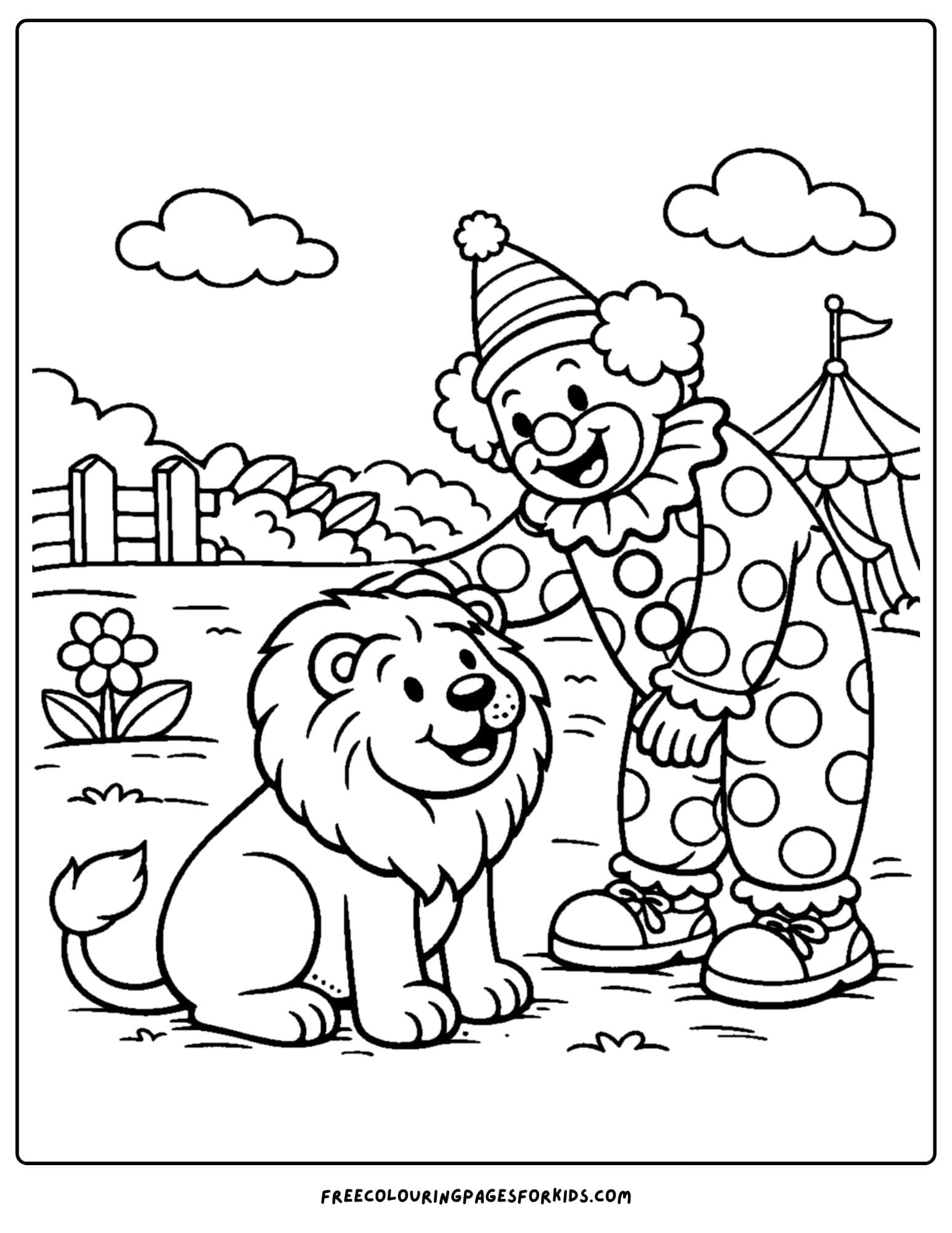 a coloring page of a clown with a friendly lion