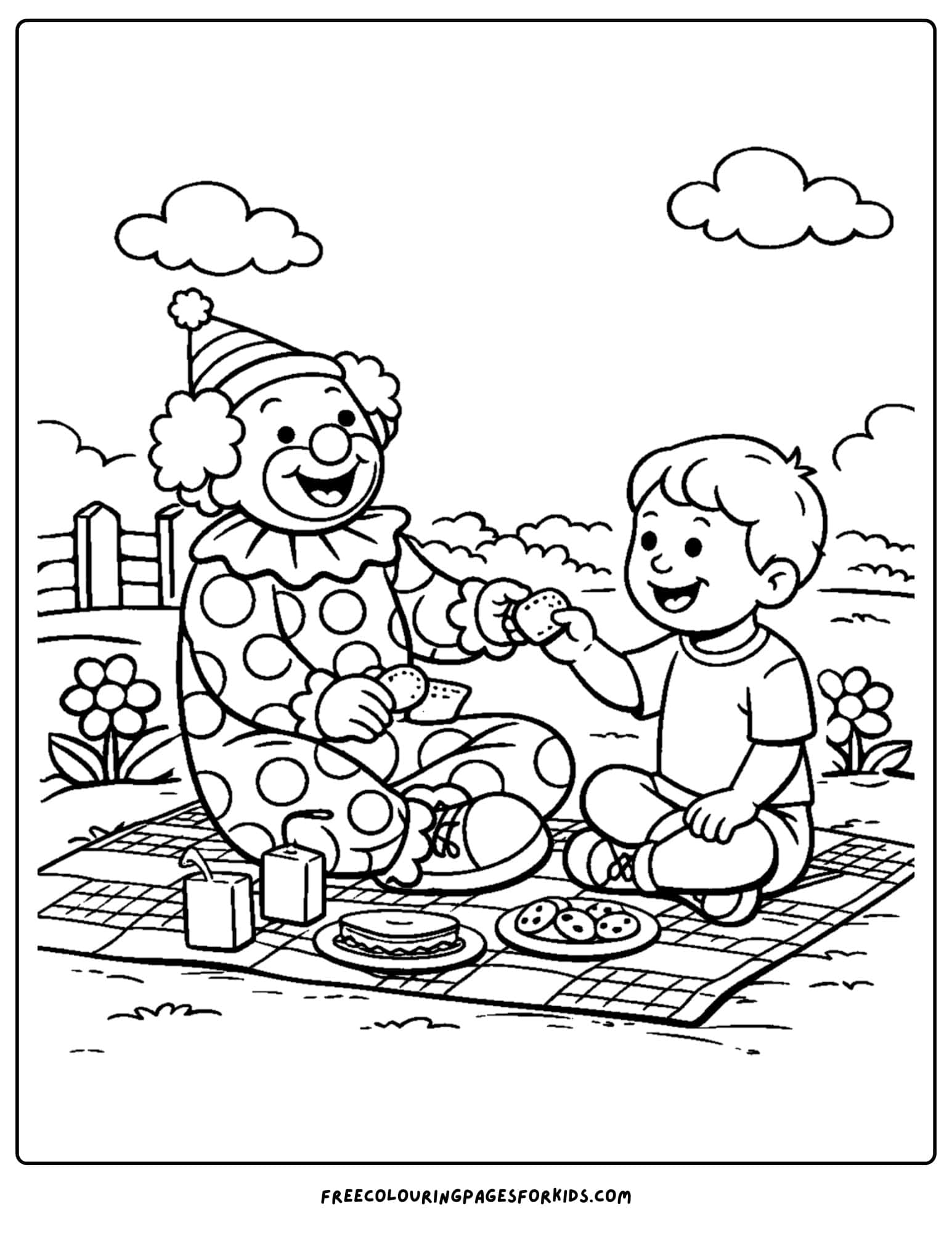 a coloring page of a clown having a picnic of snacks with a child
