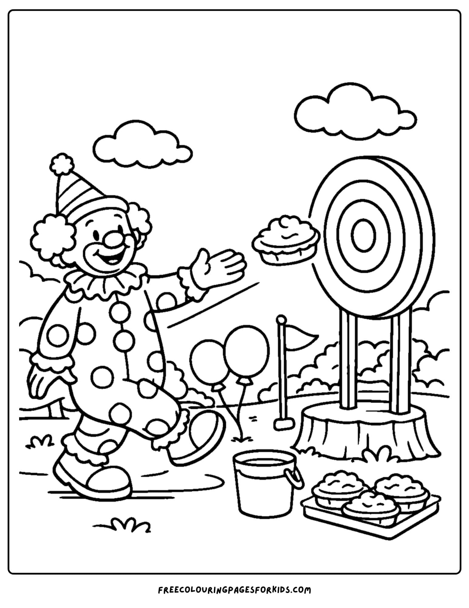 a coloring page of a clown tossing pies at a target