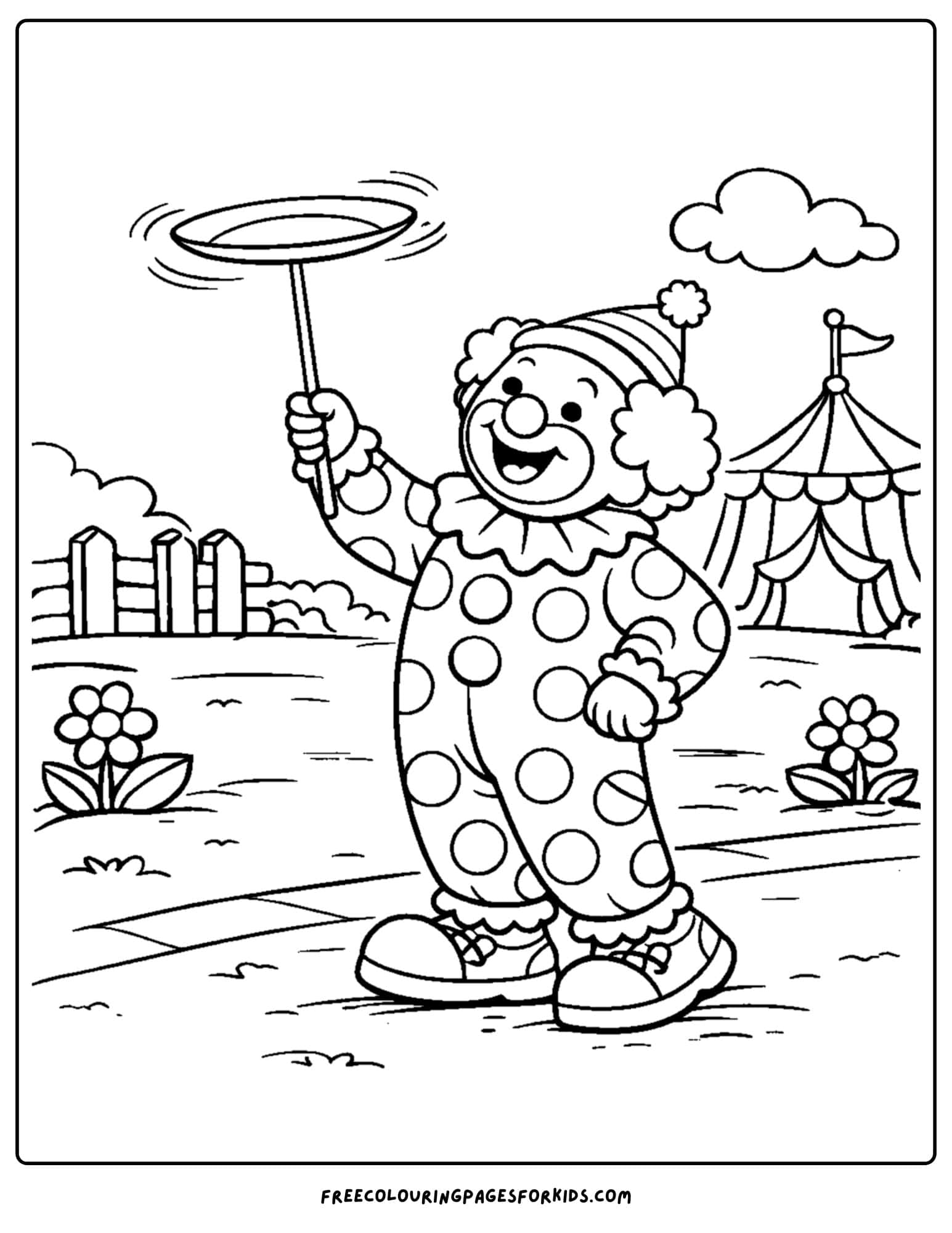 a coloring page of a clown spinning a plate on a stick