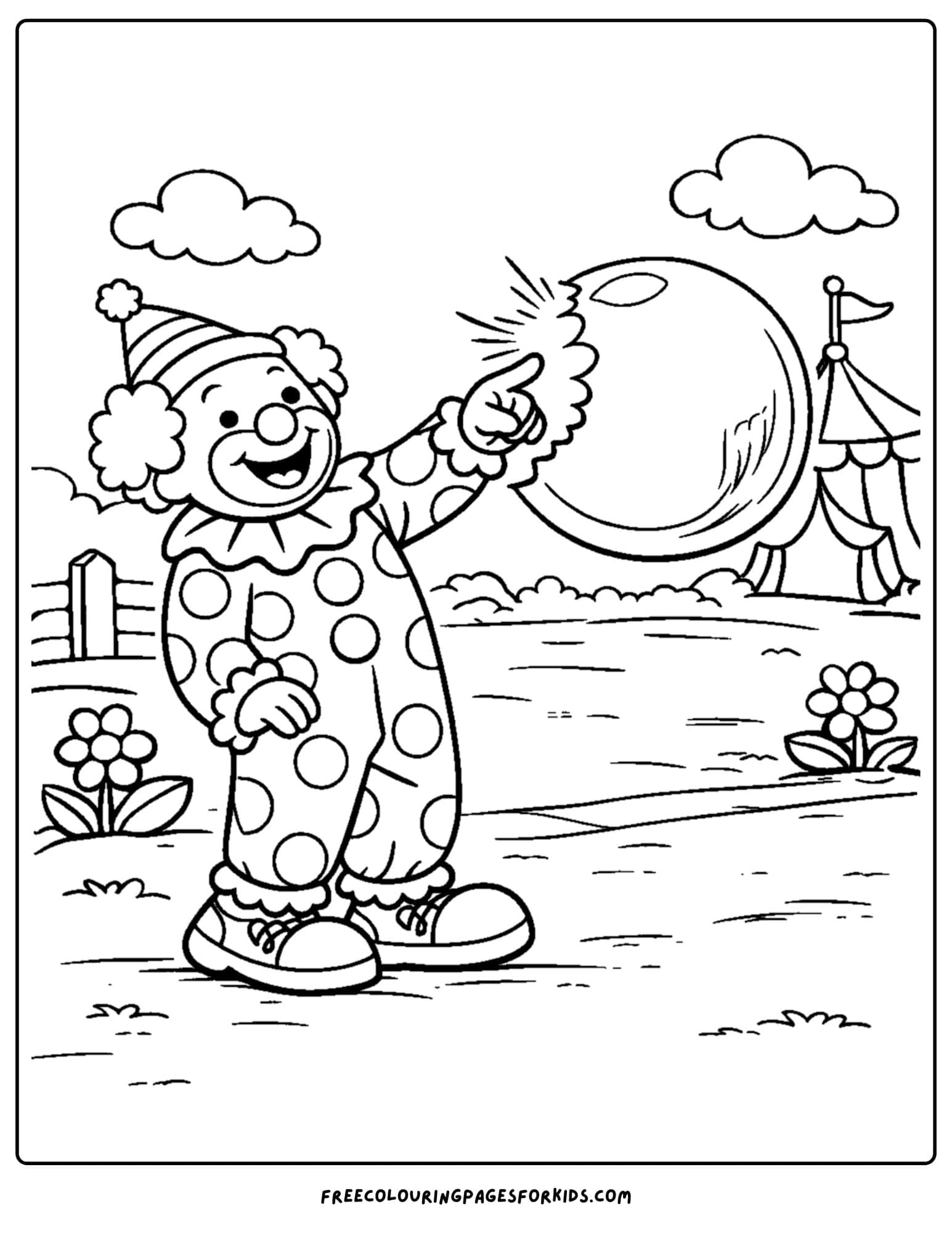 a coloring page of a clown popping a giant bubble